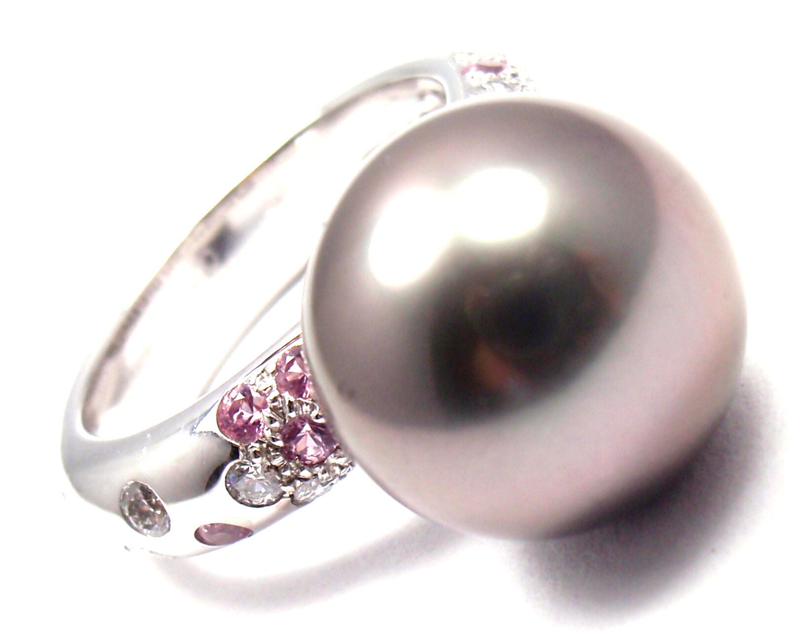 Authentic Cartier 18K White Gold Tahitian Pearl Diamond Pink Sapphire Ring for Women - Luxury Jewelry Gift for Anniversary, Valentine's Day & Special Occasions