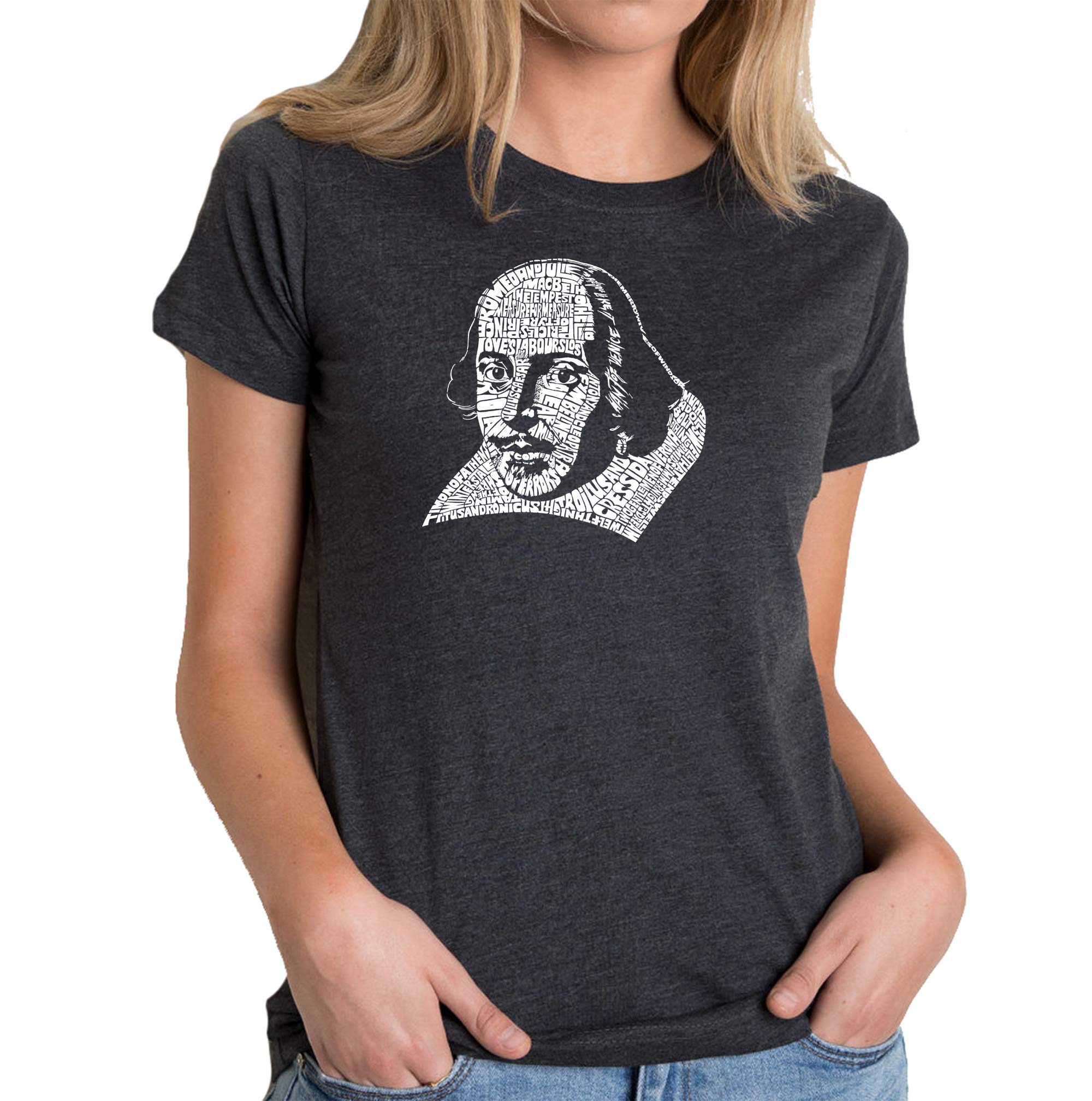 LA POP ART Women's Premium Blend Word Art T-Shirt - Featuring All William Shakespeare's Comedies & Tragedies | Soft Cotton Tee for Book Lovers, Theater Fans & Literary Gifts
