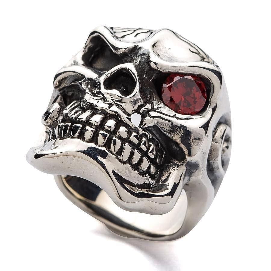 Red Garnet Eye Mafia Sterling Silver Skull Ring for Men - Gothic Punk Jewelry, Biker Accessory, Halloween Costume, Rock Fashion Statement