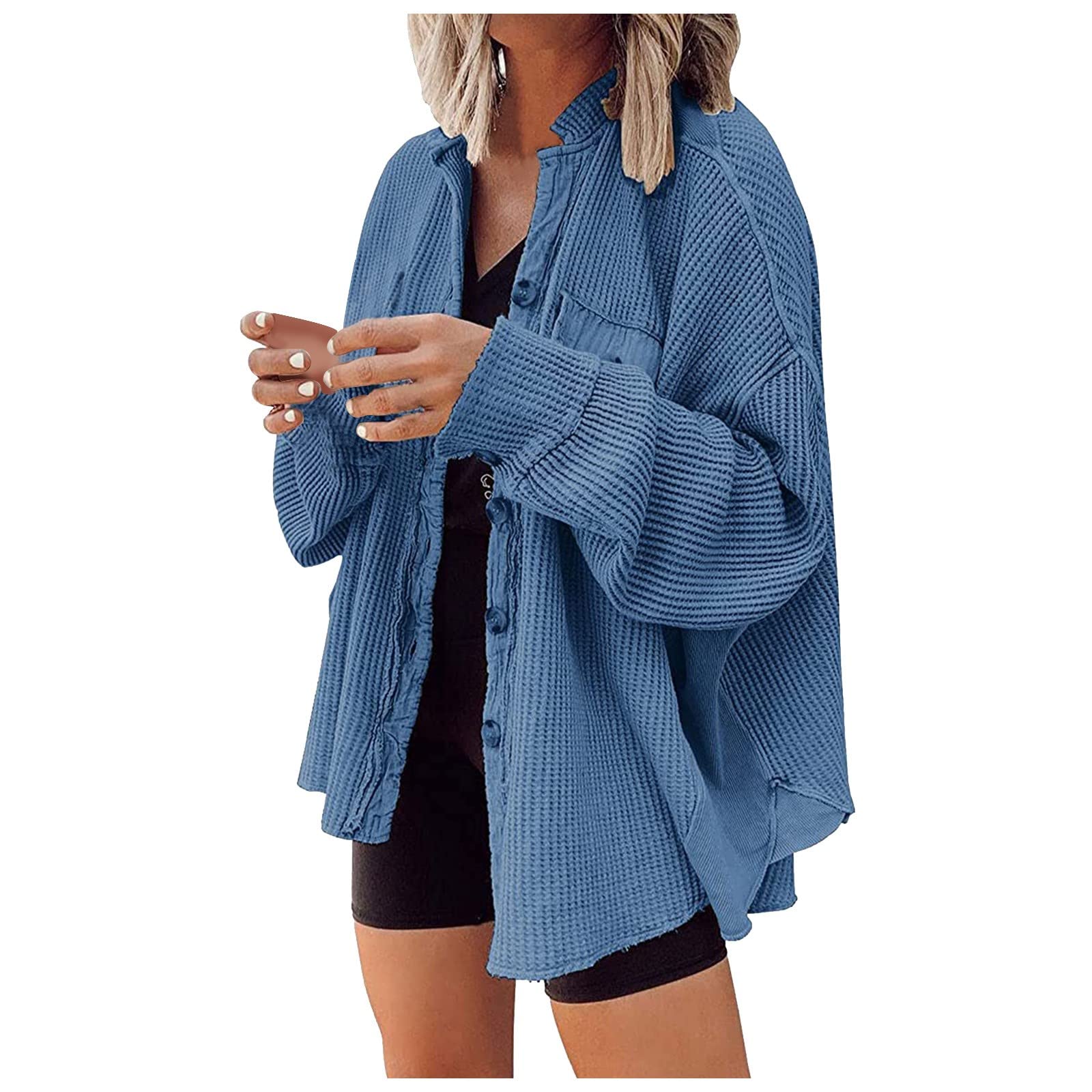 Women's Loose Fit Batwing Sleeve Waffle Knit Button Down Shirt Shacket Tops - Casual & Office Wear, Spring & Fall Layering Essential