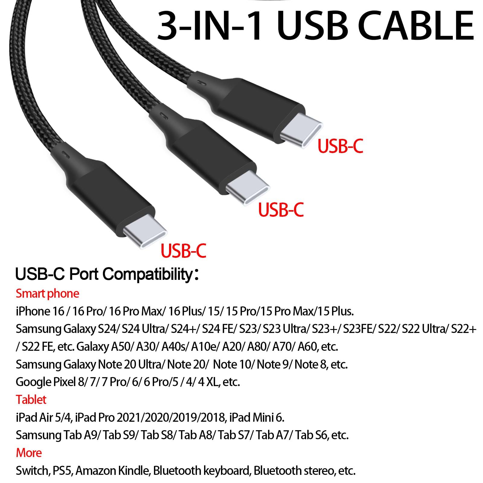 Premium 4ft 3-in-1 USB-C to 3 USB-C Splitter Cable - Fast Charging & Data Sync for iPhone 16/15, iPad Pro/Air, Samsung Galaxy S24, Google Pixel, LG, Cameras - Perfect for Travel, Office & Multi-Device Charging