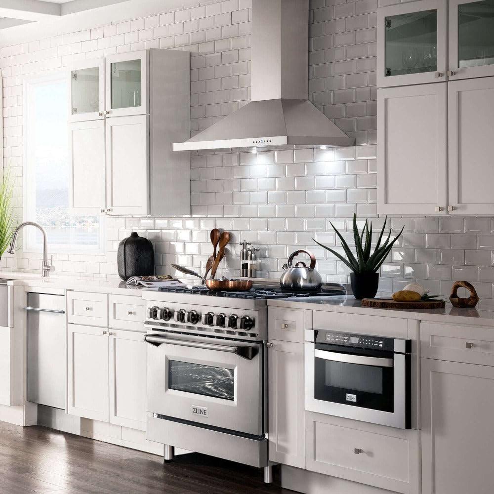 ZLINE 36 Inch Professional Kitchen Package - Stainless Steel Dual Fuel Range & Convertible Vent Hood (2KP RARH36) | Perfect for Home Chefs & Modern Kitchens