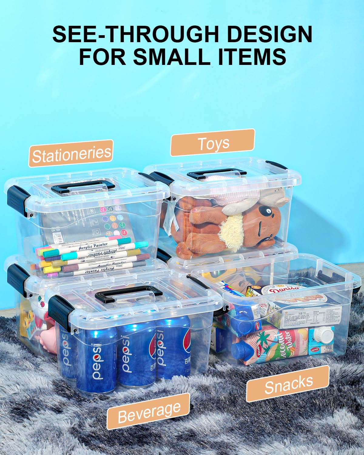 6-Pack Clear Plastic Storage Bins with Black Buckle Lids - 7 Quart Stackable Organizing Containers for Pantry, Office, Classroom & Home Organization | Perfect for Food Storage, School Supplies & Closet Organization