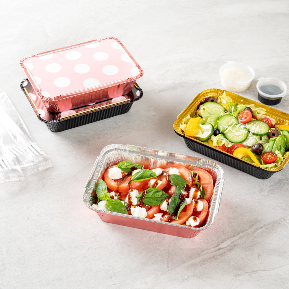 16 oz Pink Aluminum Take Out Containers with Polka Dot Paper Lids - 7.25