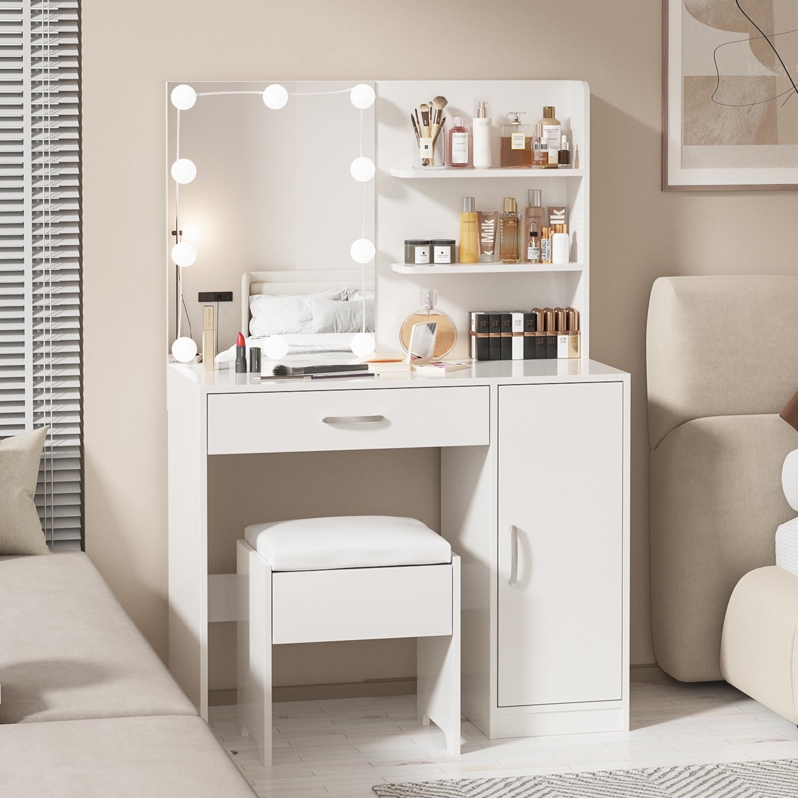 Professional Makeup Vanity with LED Lights - Adjustable Brightness & 3 Lighting Modes, Large Mirror & Storage Drawers - White Dressing Table for Bedroom | Perfect for Beauty Routines & Home Decor