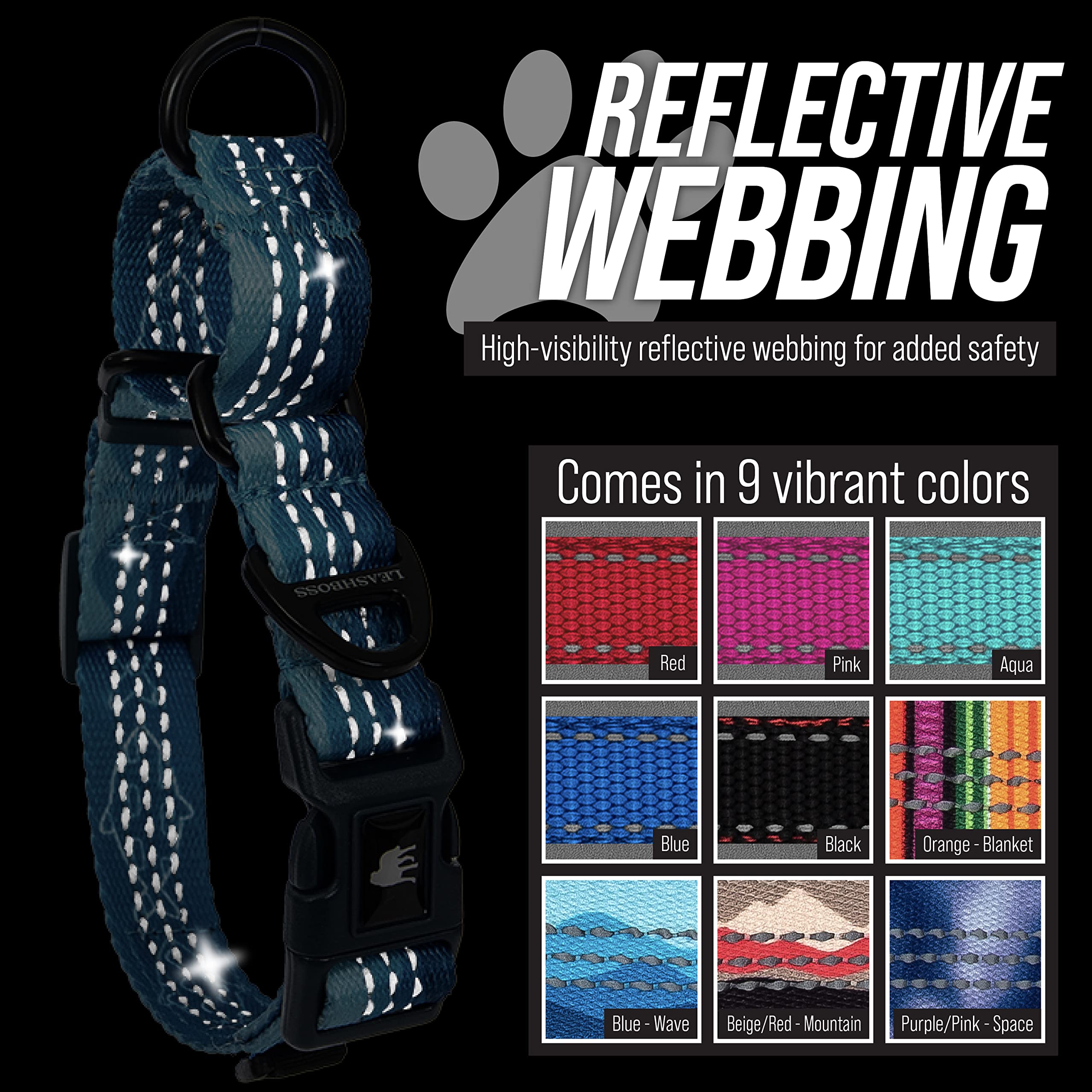 Leash Boss Martingale Dog Collar - Reflective Nylon No-Pull Training Collar for Small, Medium & Large Dogs | Adjustable Quick-Release Buckle | Perfect for Walking, Training & Nighttime Safety