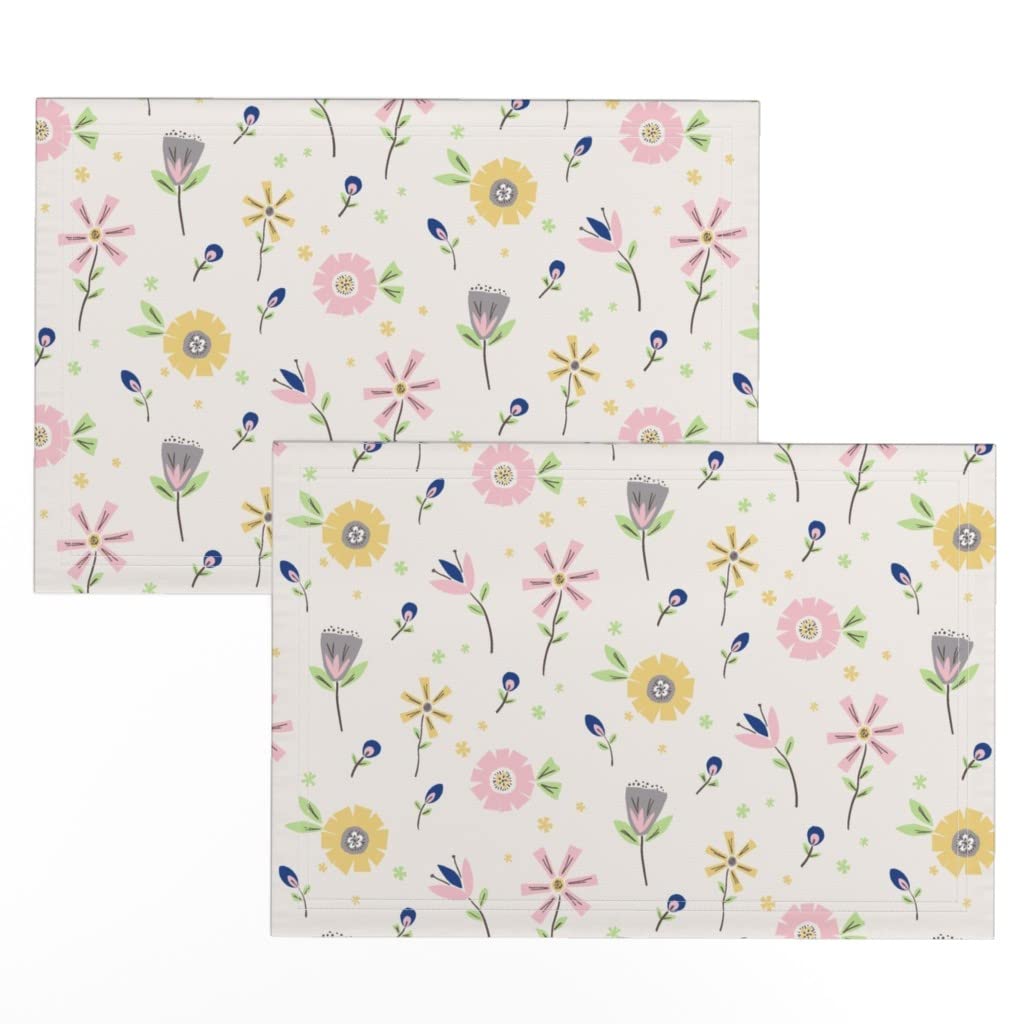 Spoonflower Linen Cotton Canvas Placemats Set of 2 - Floral Retro Geometric Print Table Mats for Dining, Kitchen Decor, Party & Home Decoration