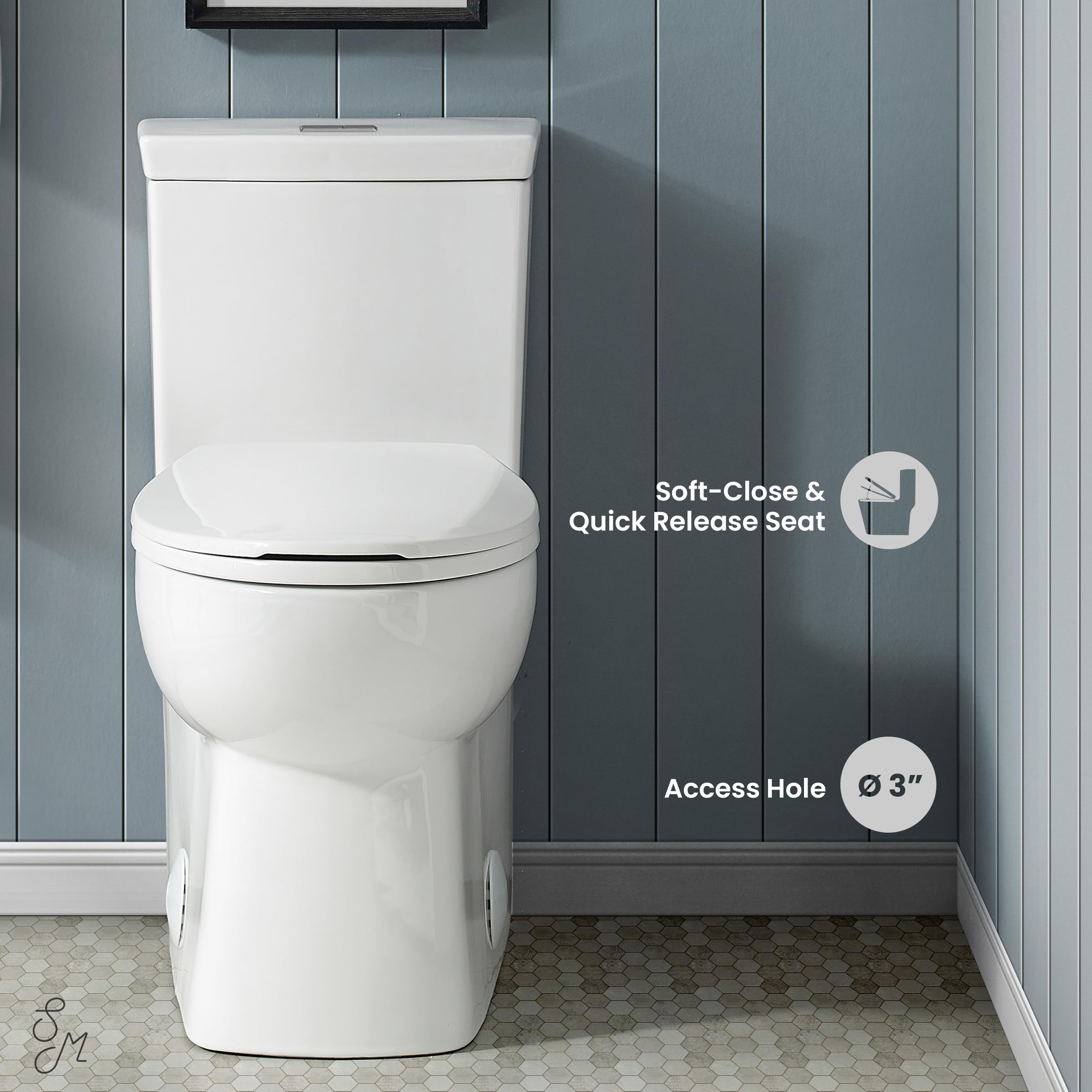 Swiss Madison SM-1T117 Classe One Piece Toilet - Modern ADA Compliant Elongated Bowl, Dual Flush 0.8/1.28 GPF, Glossy White - Perfect for Small Bathrooms & Water-Efficient Homes