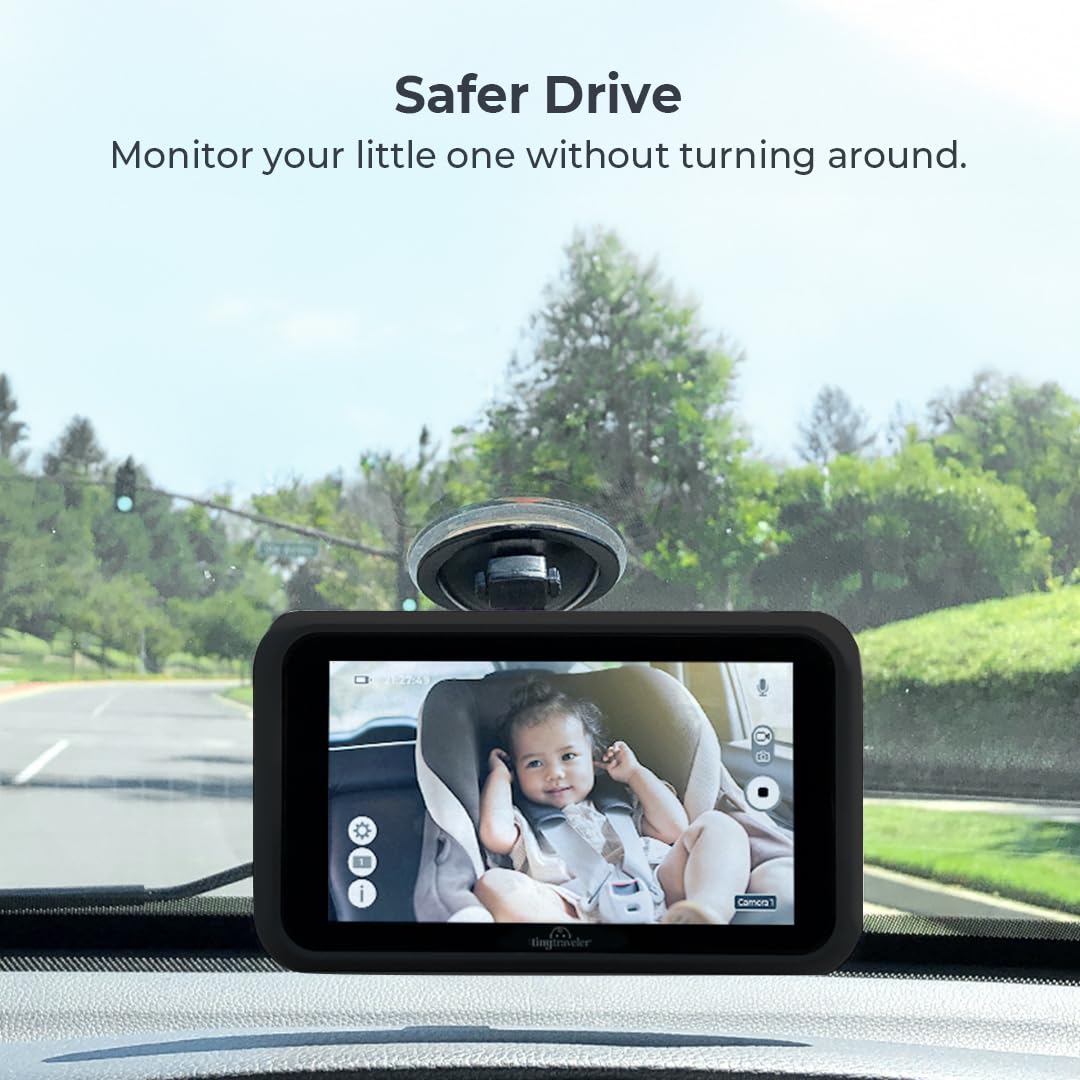 Tiny Traveler 5” HD Touch Screen Baby Car Monitor – Hackproof No WiFi Baby Camera for Car & Home – Rear-Facing Car Seat Monitor with Night Vision – Headrest/Clamp Mount – Baby Reminder Alert Black – Perfect for Road Trips & Nighttime Safety
