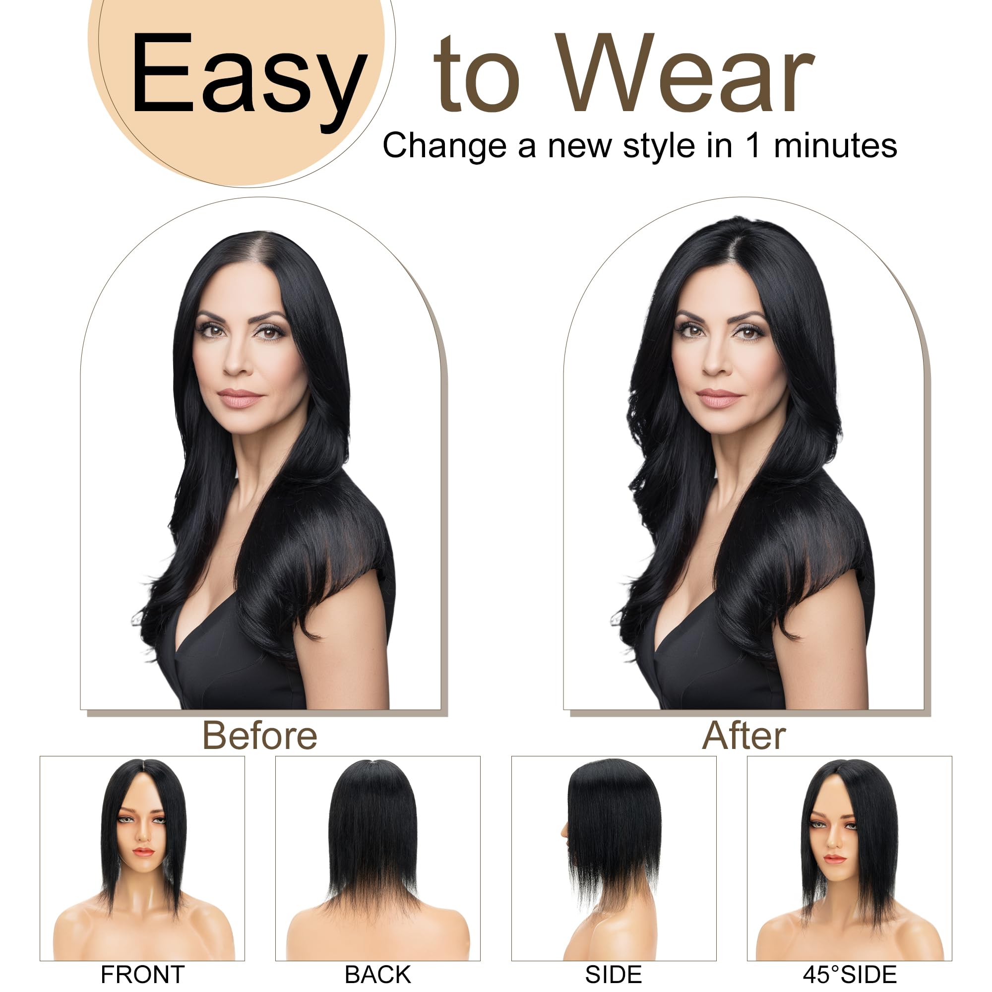 SEGO Real Human Hair Toppers for Women - No Bangs, 130% Density, 10x12cm Silk Base, 100% Remy Human Hair Clip-in Top Wiglet for Thinning Hair (12 Inch, Jet Black) - Perfect for Daily Wear, Special Occasions & Hair Loss Solutions