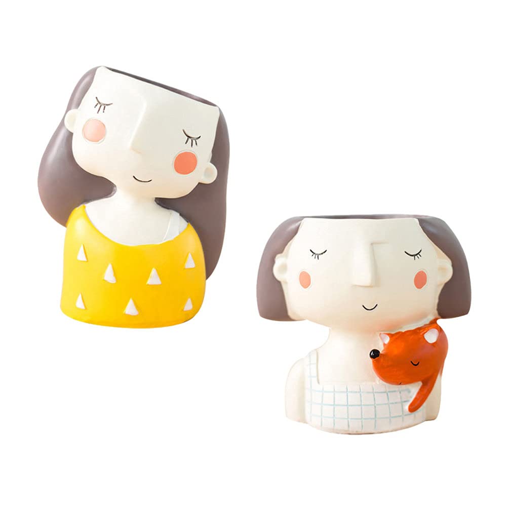 Hemoton 2 Pack Cute Girl Head Planter Pots - Resin Flower Pot for Succulents, Small Plants - Desktop, Home & Office Decor - Perfect for Indoor Gardens, Gifts, and Decorative Plant Displays