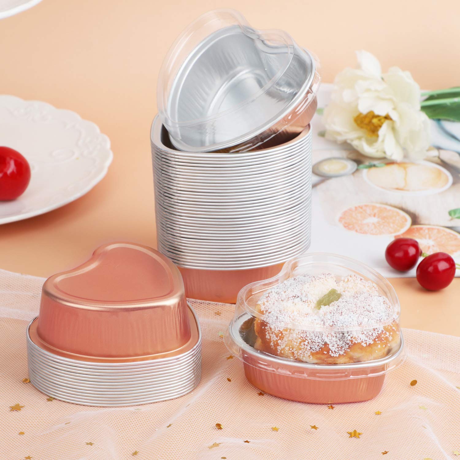EUSOAR Mini Heart Shaped Cake Pans - 50pcs 3.4oz Aluminum Foil Baking Cups with Lids for Cupcakes, Flan, Cheesecake & Custard | Perfect for Valentine's Day, Weddings, Birthday Parties & Home Baking
