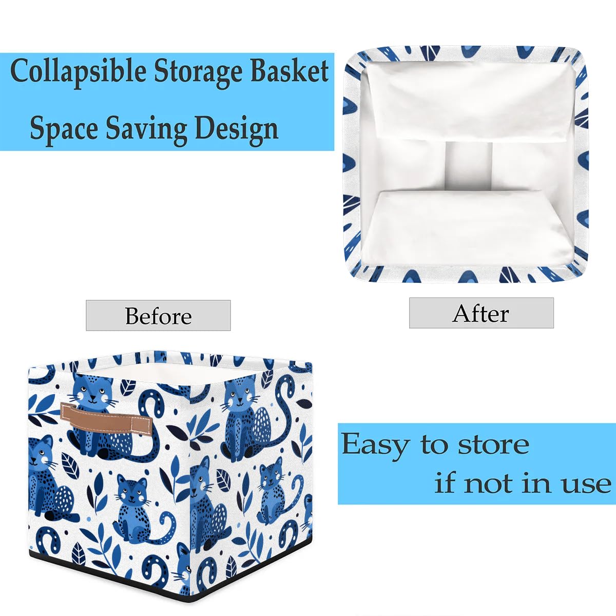 13 Inch Collapsible Storage Basket with Leather Handle - Foldable Organizer Bin for Closet, Shelves & Home Decor (Blue) | Perfect for Bedroom, Bathroom & Kids' Room Organization