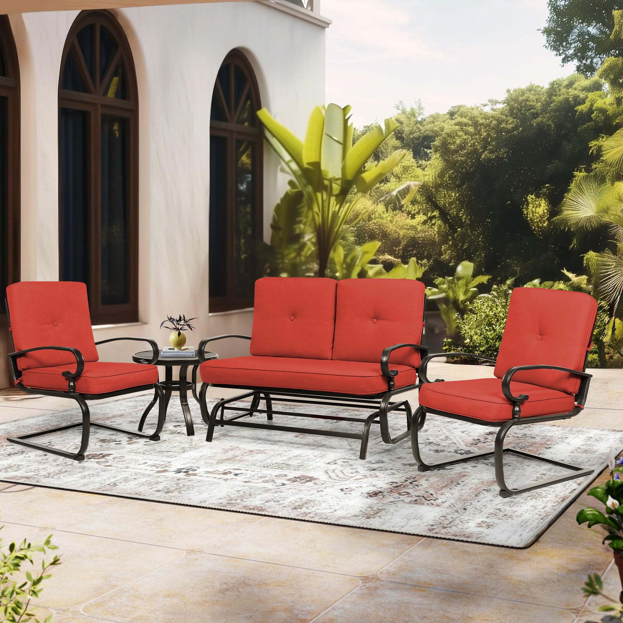 4Pcs Outdoor Metal Patio Furniture Set - Wrought Iron Glider, Bistro Table & 2 Spring Lounge Chairs (Red) - Perfect for Garden, Backyard, Porch & Poolside Relaxation