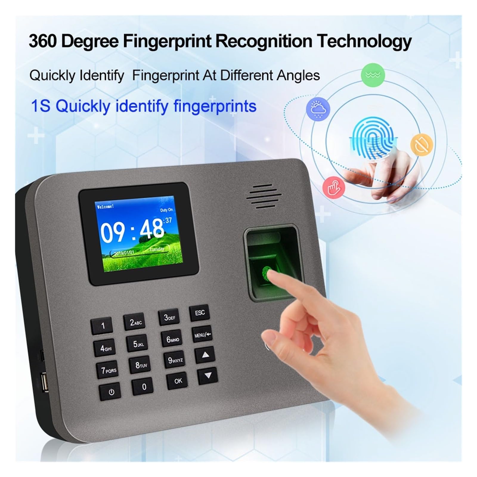 2.4 Inch Biometric Fingerprint & RFID Time Attendance System - Employee Check-in/Check-out Device with Software for Office, Factory & School Security Management