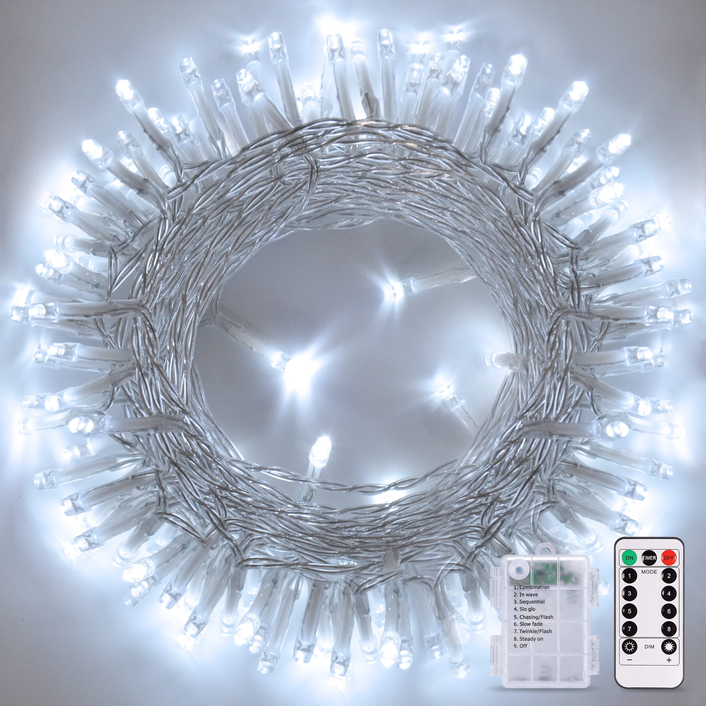 JMEXSUSS 33ft 100 LED White Battery Operated String Lights - Waterproof Outdoor Fairy Lights with Remote Control, 8 Lighting Modes for Christmas Decorations, Wedding, Bedroom, Tree & Garden Party Lighting