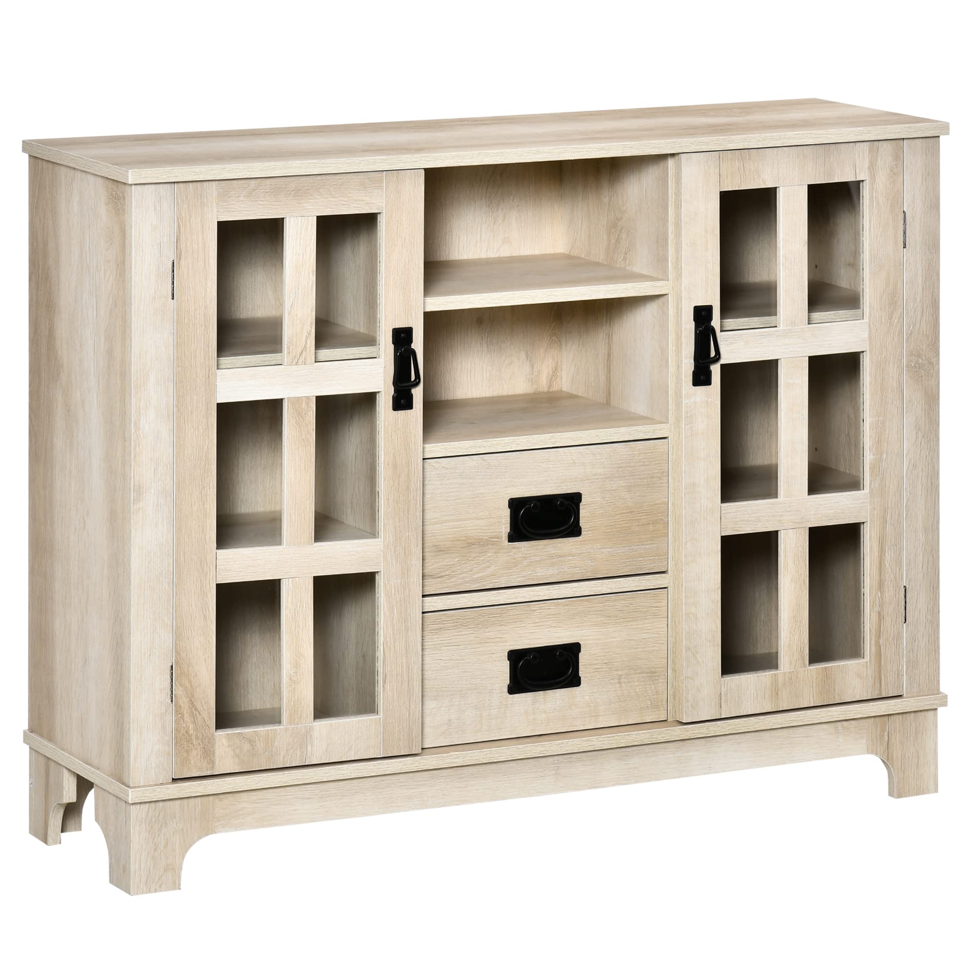 HOMCOM White Oak Kitchen Sideboard Buffet Cabinet with Glass Doors, Storage Drawers & Adjustable Shelves - Modern Dining Room Storage Furniture for Home, Restaurant, and Office Use