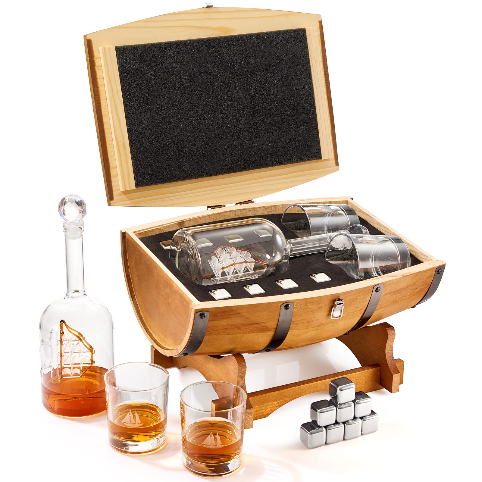 Premium Whiskey Gift Set for Men - Handcrafted Wooden Decanter Box with 8 Chilling Stones & 2 Glasses | Bourbon & Scotch Accessories | Ideal for Dads, Boyfriends, Anniversary & Birthday Gifts | Home Bar, Man Cave & Office Decor (16