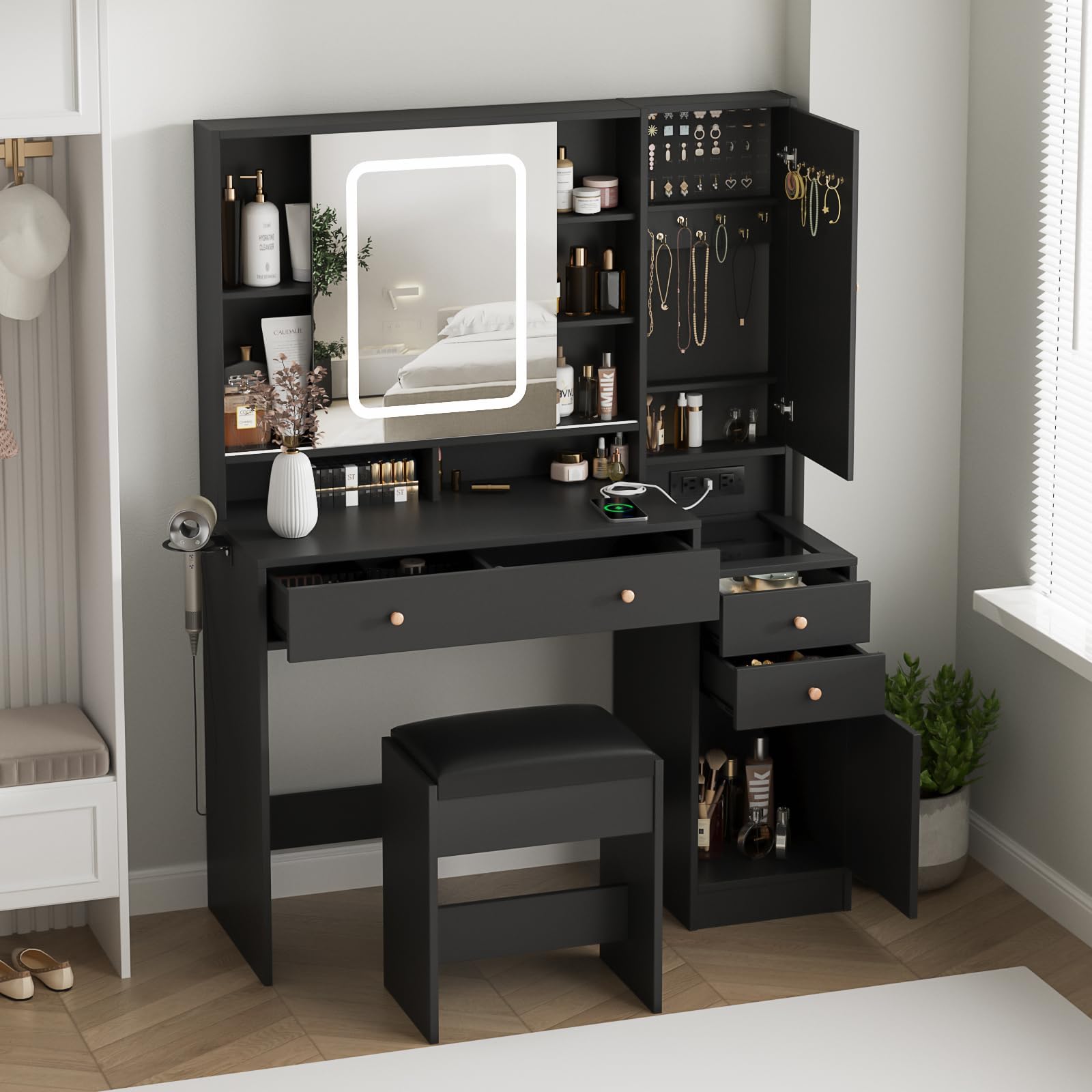 Vabches Vanity Desk with Mirror and LED Lights, 3 Drawers Makeup Vanity Table with Charging Station, Sliding Door & Storage Shelves - Perfect for Bedroom, Dressing Room & Beauty Salon Organization