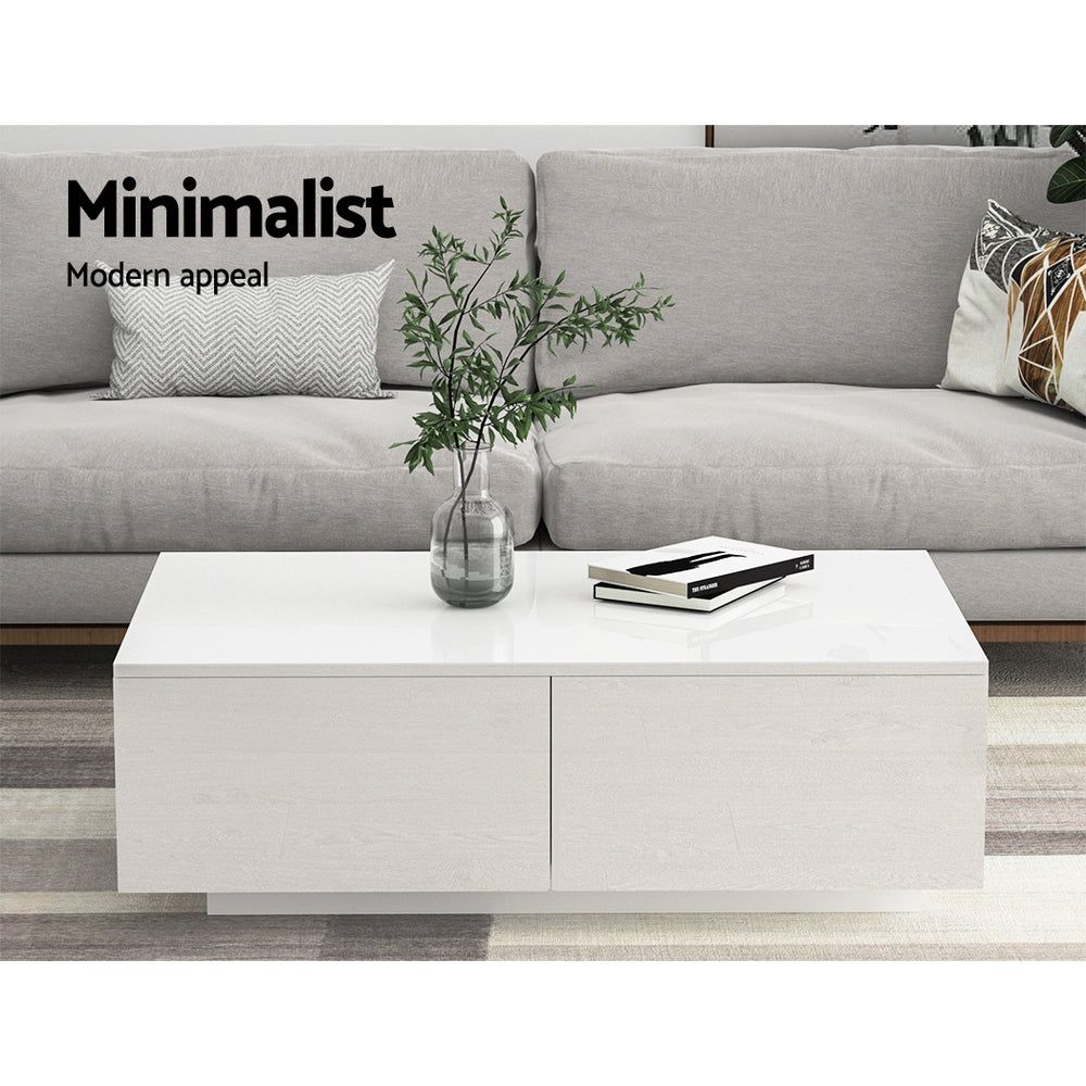 Modern White High Gloss Coffee Table with 4 Storage Drawers - Living Room Furniture for Small Spaces & Home Decor