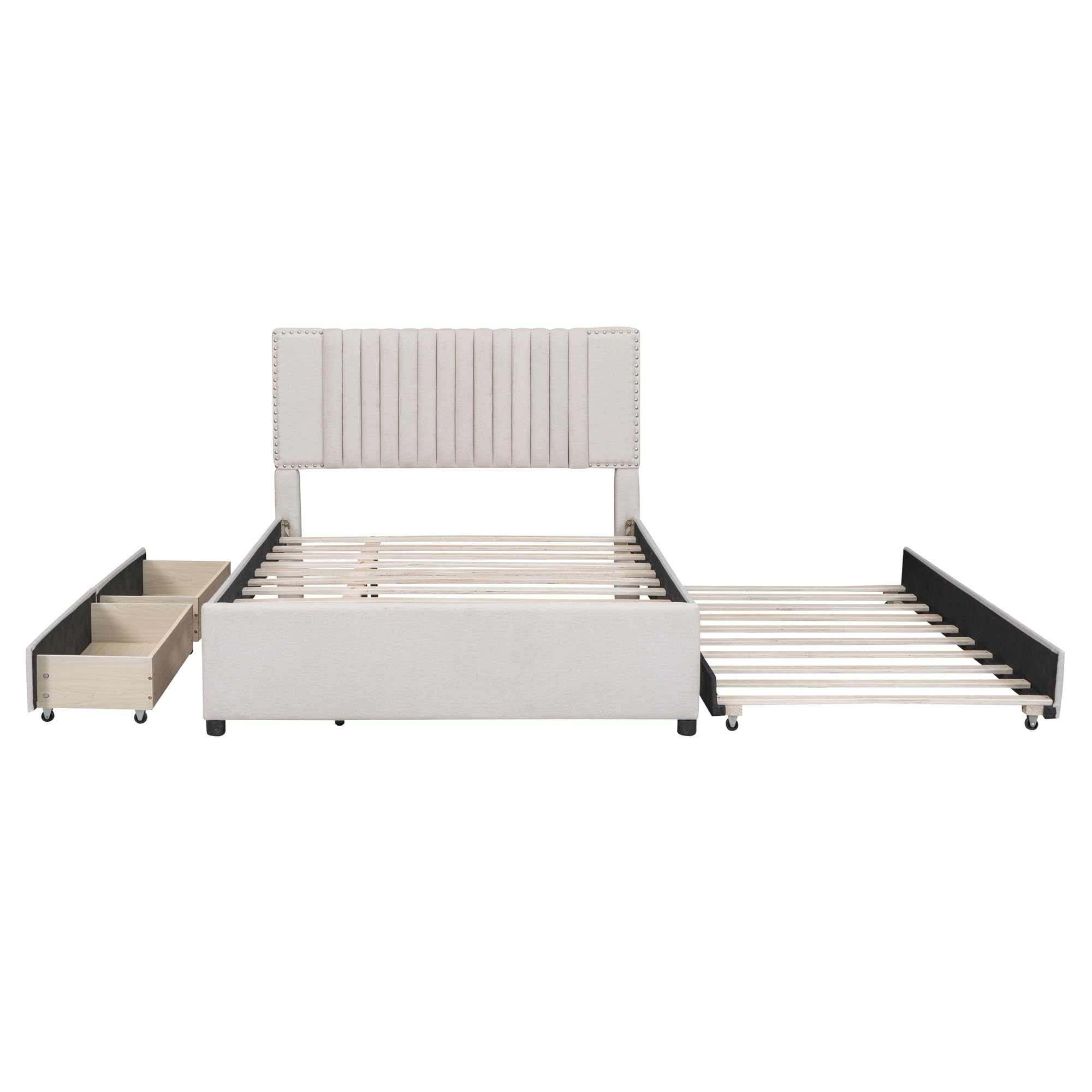 SOFTSEA Full Size Upholstered Platform Bed with Twin Trundle & Storage Drawers - Linen Fabric Bed Frame with Tufted Headboard & Nailhead Trim in Beige - Perfect for Guest Rooms, Small Spaces & Modern Bedroom Decor