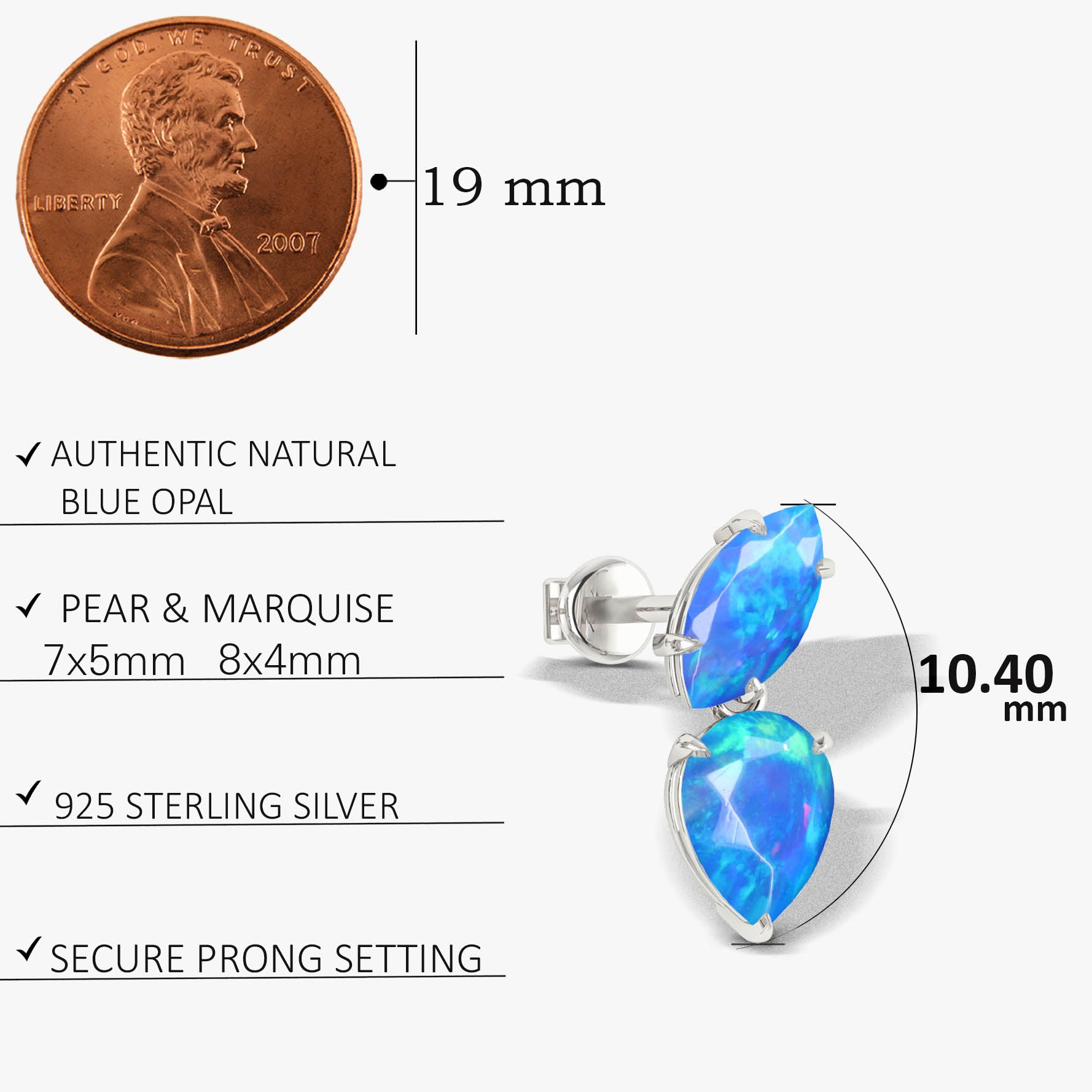 Blue Opal Stud Earrings for Women - 14K Gold Plated Minimalist Earrings for Daily Wear, Gift Giving & Special Occasions