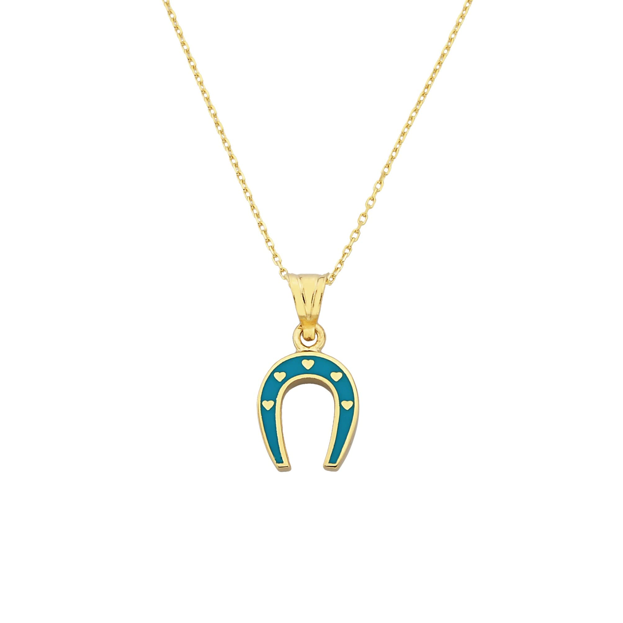 14K Solid Gold Horseshoe Necklace for Women - Lucky Charm Jewelry with Turquoise Hearts, Perfect Birthday & Christmas Gift for Her