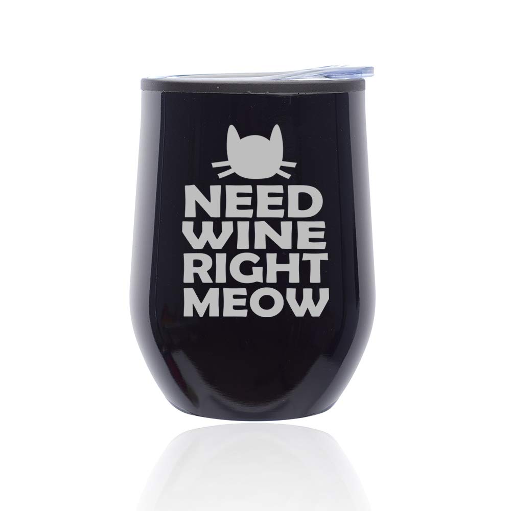Insulated Stemless Wine Tumbler with Lid - Leakproof Coffee Travel Mug, Funny Cat Design 'Need Wine Right Meow' (Midnight Black) - Perfect for Office, Picnics & Gift Giving