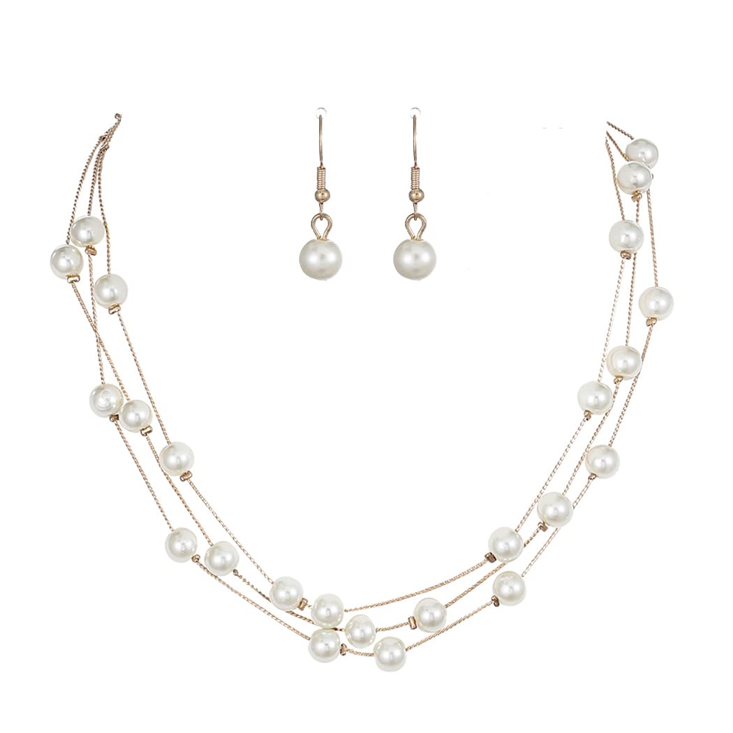 Simsly Gold Layered Pearl Necklace & Earring Set - Floating Illusion Pearl Jewelry for Women & Girls - Perfect for Prom, Weddings & Special Occasions