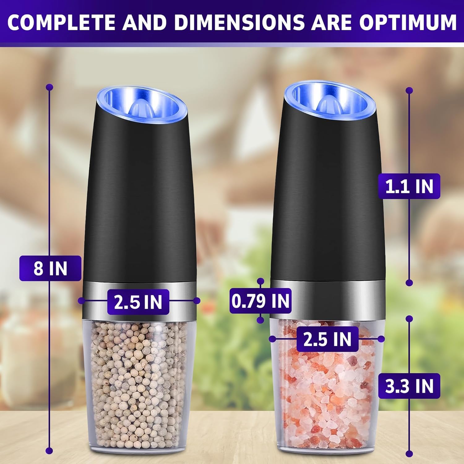 2Pcs Electric Salt and Pepper Grinder Set - Automatic Gravity Operated Spice Mill with Adjustable Coarseness - Perfect for Kitchen, Dining Table, Camping & Gifting