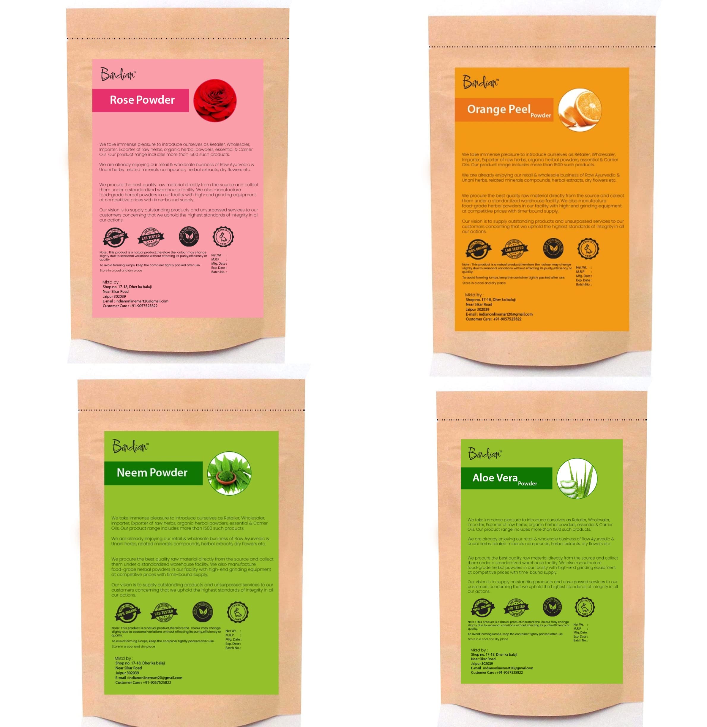 Bindian Pure Rose, Orange Peel, Neem & Aloe Vera Powder Face Mask - Natural Skin Care for Deep Pore Cleansing & Glowing Complexion (50x4 gm) | DIY Facial Treatment for Acne, Blackheads & Dry Skin