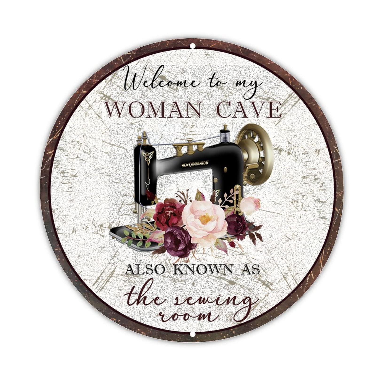 Funny Woman Cave Round Tin Sign - 12 Inch Sewing & Craft Room Decor, Vintage Metal Wall Art for Kitchen, Living Room, Dining Room - Perfect for Home Decor, Gifts & DIY Spaces