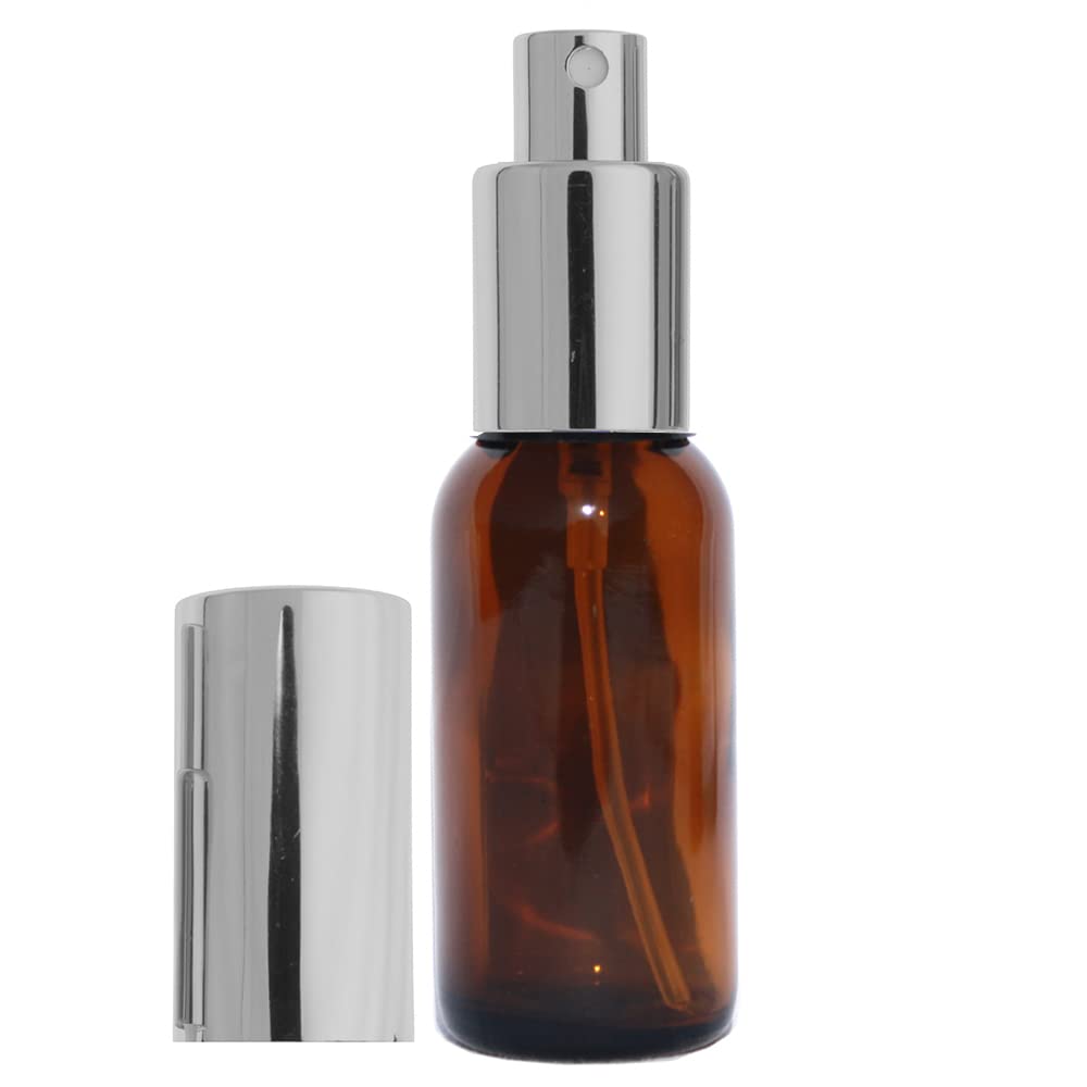 72 Pack 1 oz (30 ml) Amber Boston Round Refillable Glass Bottles with Fine Mist Silver Sprayer - Perfect for Perfume, Cologne, Essential Oils & DIY Beauty Products | Travel Size, Home & Salon Use