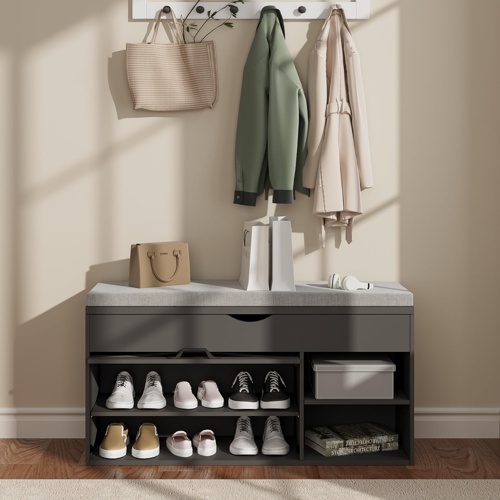 ChooChoo Storage Bench with Cushion - Lift Top Shoe Bench with Adjustable Shelf, Entryway Shoe Cabinet for Living Room & Bedroom - Perfect for Organizing Shoes, Hats & Seasonal Items in Small Spaces (Black)