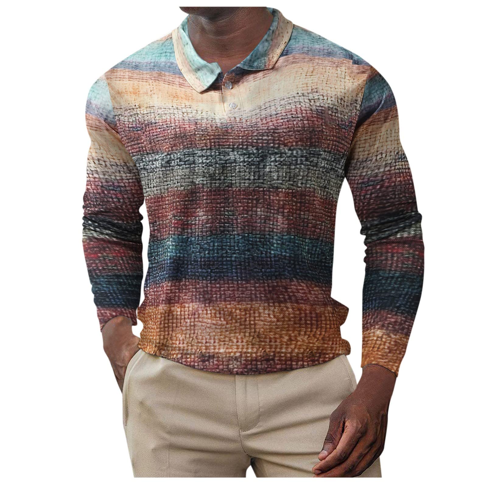 WOCACHI Men's Long Sleeve Polo Shirts - Digital Boho Print Button Down Casual Shirt for Business & Work | Breathable Comfort Office Wear & Weekend Outfits