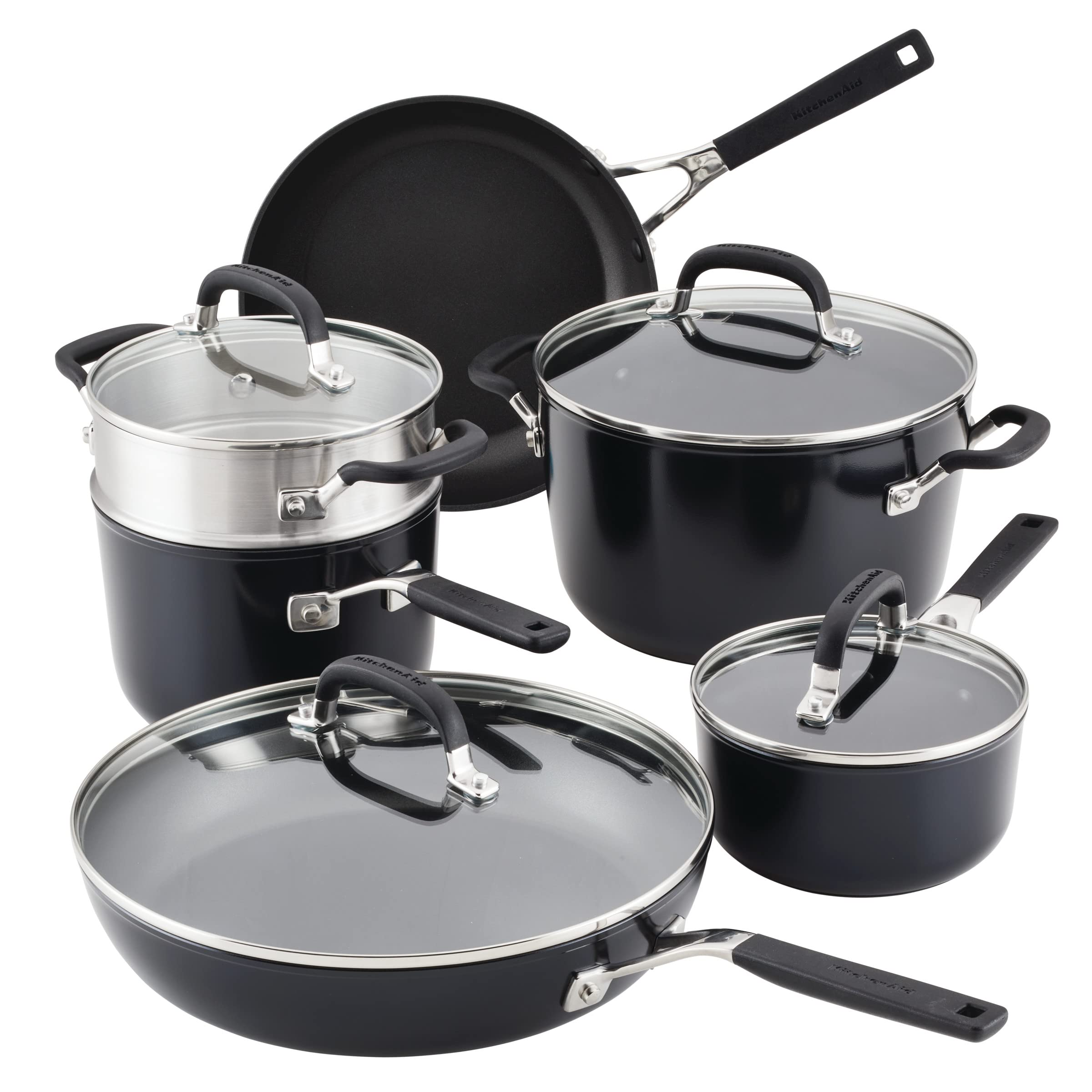 KitchenAid 10-Piece Hard Anodized Nonstick Cookware Set - Matte Black Pots and Pans for Sauteing, Frying & Cooking | Durable Kitchen Essentials for Home Chefs