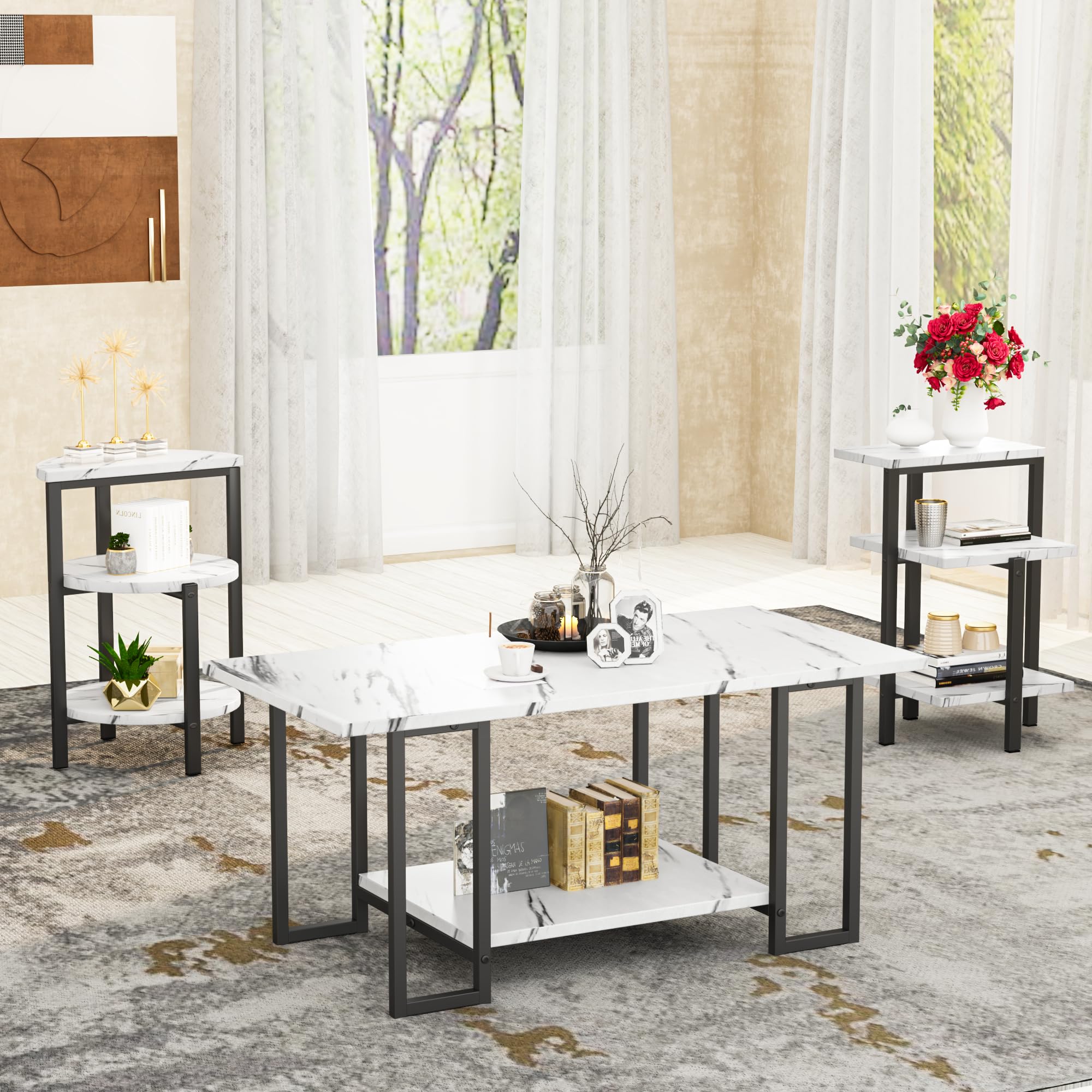 AWQM 3-Piece Faux Marble Coffee Table Set with Metal Frame - White & Black Modern Living Room Furniture for Apartments | Perfect for Small Spaces, Home Decor & Entertaining Guests