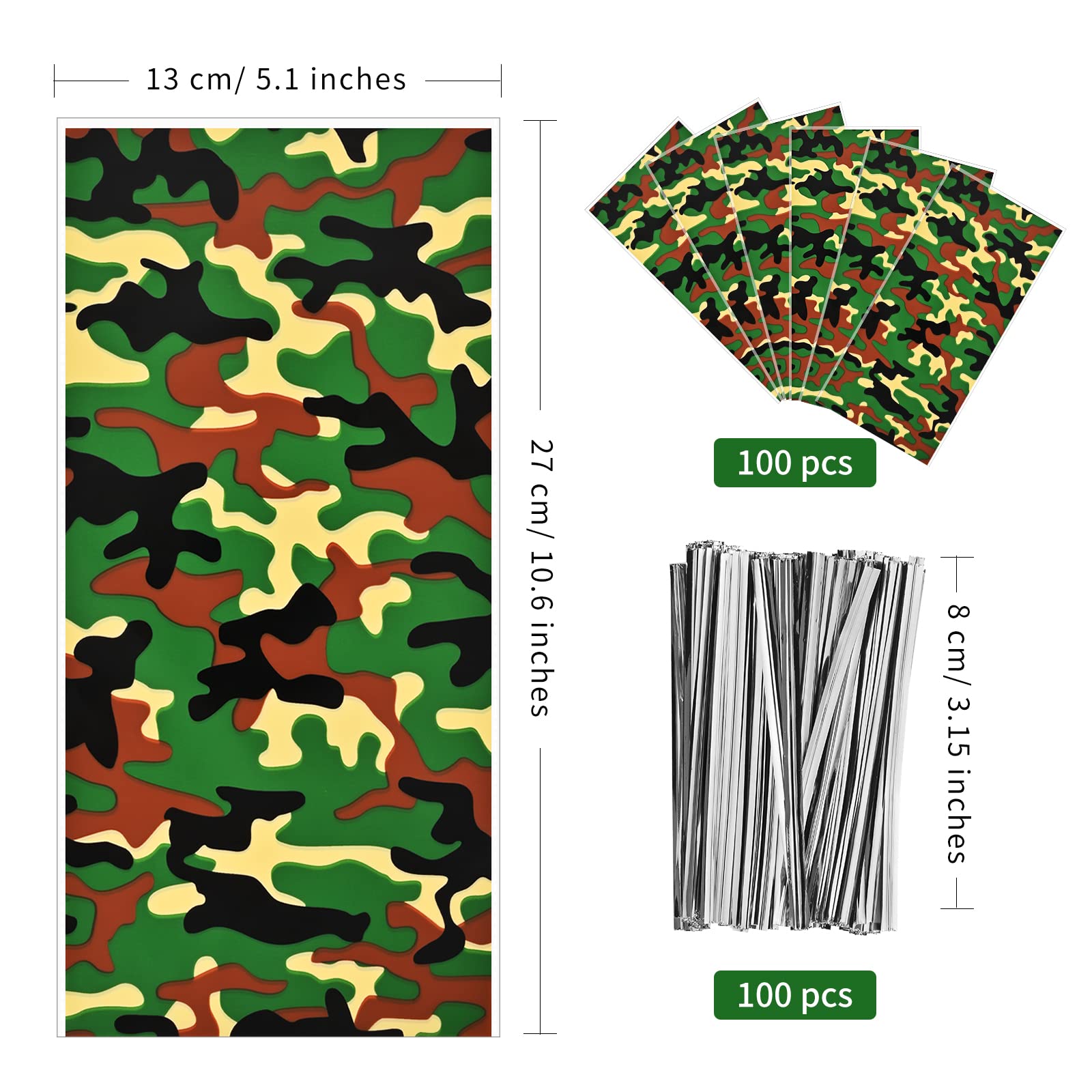 100 Pcs Camouflage Treat Bags - Camo Print Cellophane Candy Bags with Twist Ties for Army Themed Birthday Parties, Baby Showers & Halloween Favors | Perfect for Military Party Decorations, School Events & Outdoor Adventures