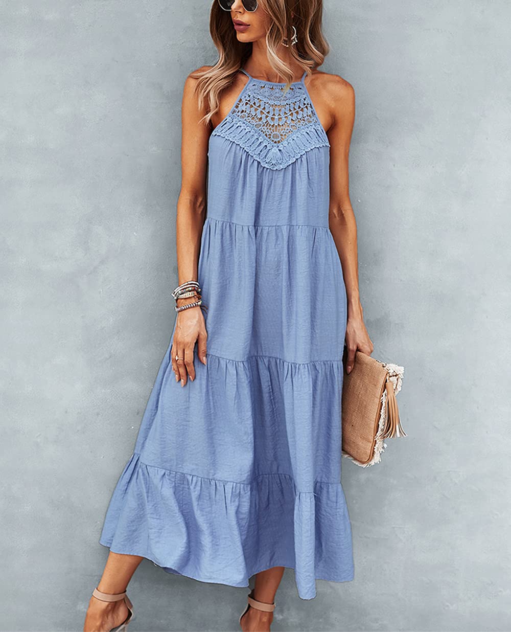 Women's Halter Neck Lace Patchwork Loose Tunic Tank Dress - Sleeveless Summer Casual Sundress for Beach, Vacation & Outdoor Parties