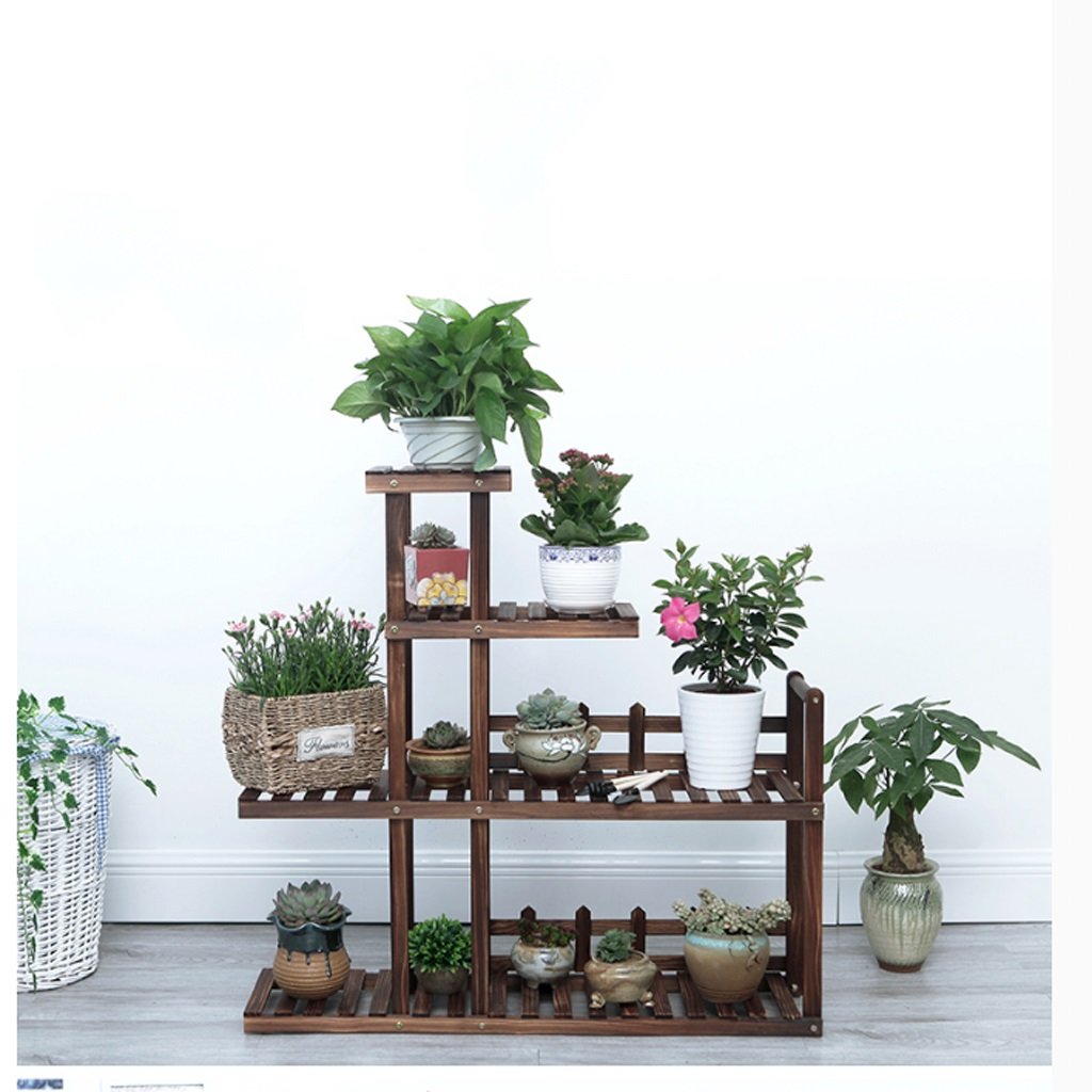 Carbon Roasted Solid Wood Flower Stand - Multi-Tier Plant Shelf for Living Room, Balcony, Patio - Mobile Storage Organizer with Wheels (Color: Natural Wood, Size: Small) - Perfect for Indoor Herb Gardens, Succulent Displays & Home Decor