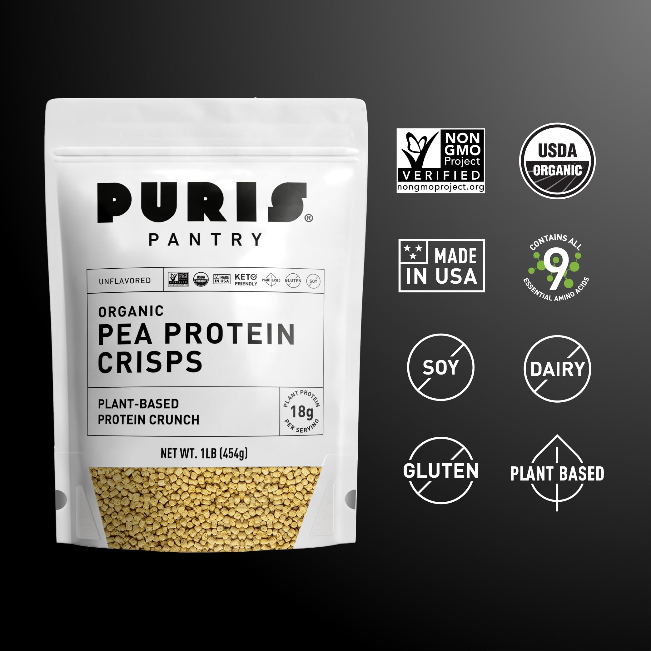 Organic Pea Protein Crisps 1LB | USDA Certified Vegan Protein Snack | Keto, Paleo & Gluten Free | 18g Protein, 7g Net Carbs | Non-GMO, Soy & Sugar Free | Made in USA | Perfect for Post-Workout Recovery & Low-Carb Diet