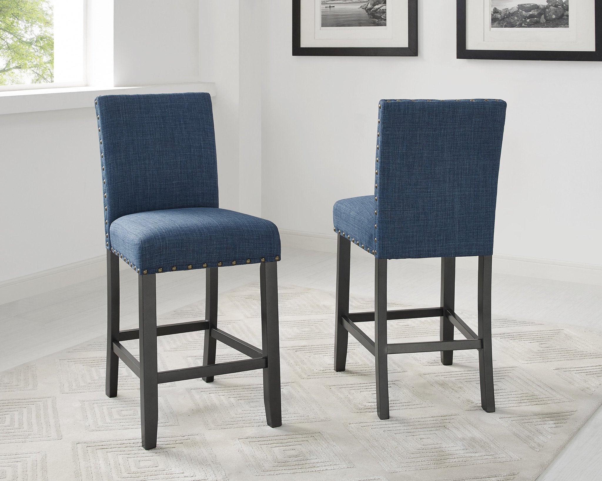 Roundhill Furniture Biony Fabric Counter Height Bar Stools with Nailhead Trim, Set of 2, Blue Upholstered Kitchen Island Stools - Perfect for Breakfast Nook, Home Bar & Modern Dining Room Decor