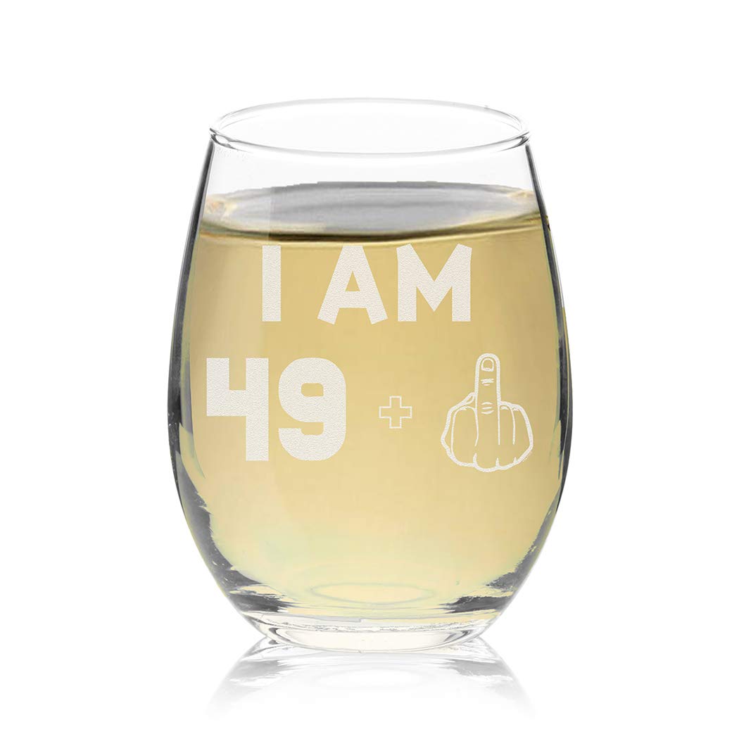 Veracco I am 49+1 Middle Finger Stemless Wine Glass - Funny 50th Birthday Gift for Men & Women - Fifty and Fabulous Novelty Glassware - Perfect for Birthday Parties, Gag Gifts & Wine Lovers (Clear Glass)