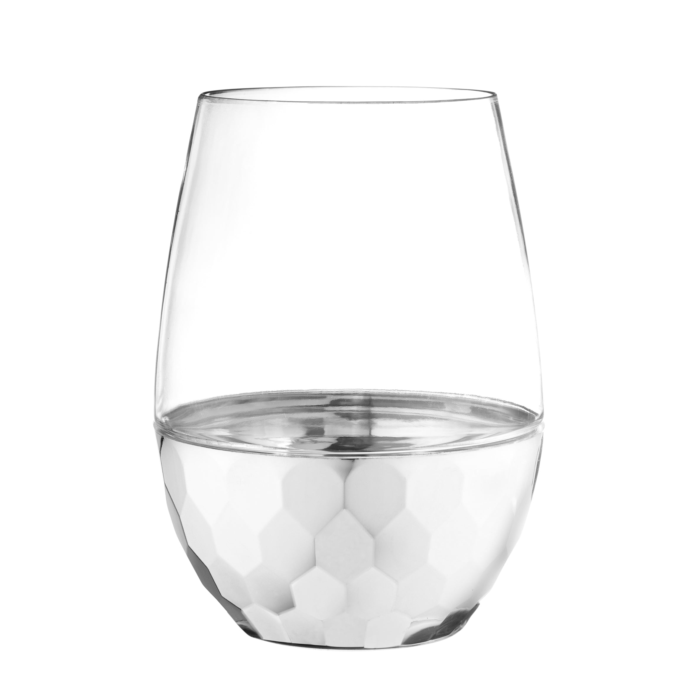 16 Oz Clear Stemless Wine Glasses with Hammered Silver Design - Set of 6 Shatterproof Goblets for Wedding, Party, and Home Entertaining