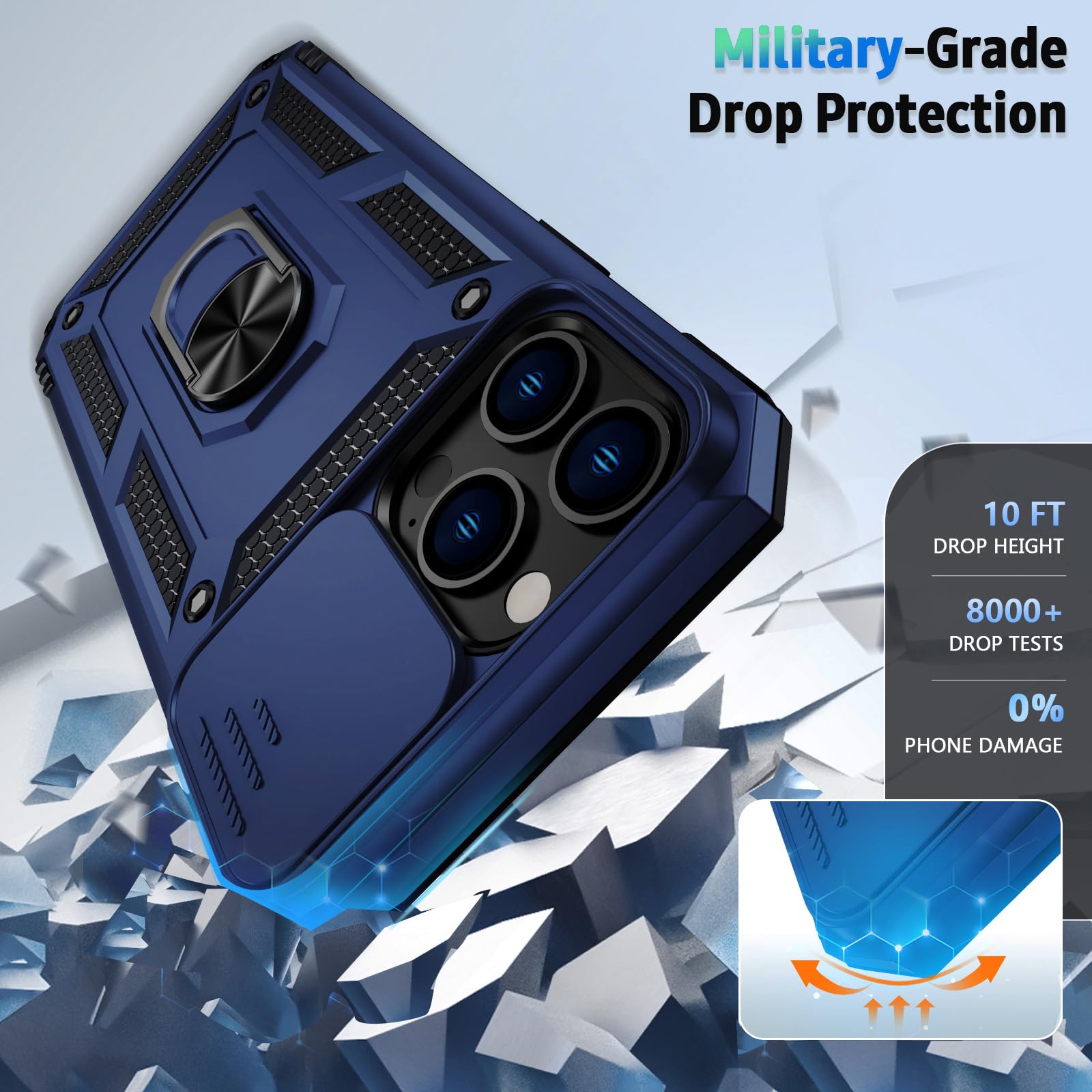 Premium iPhone 12 Pro Max Case with Camera Lens Cover & HD Screen Protector | 10FT Military-Grade Drop Protection | Magnetic Ring Holder & Kickstand | Navy Blue | Perfect for Outdoor Activities, Travel, and Daily Protection