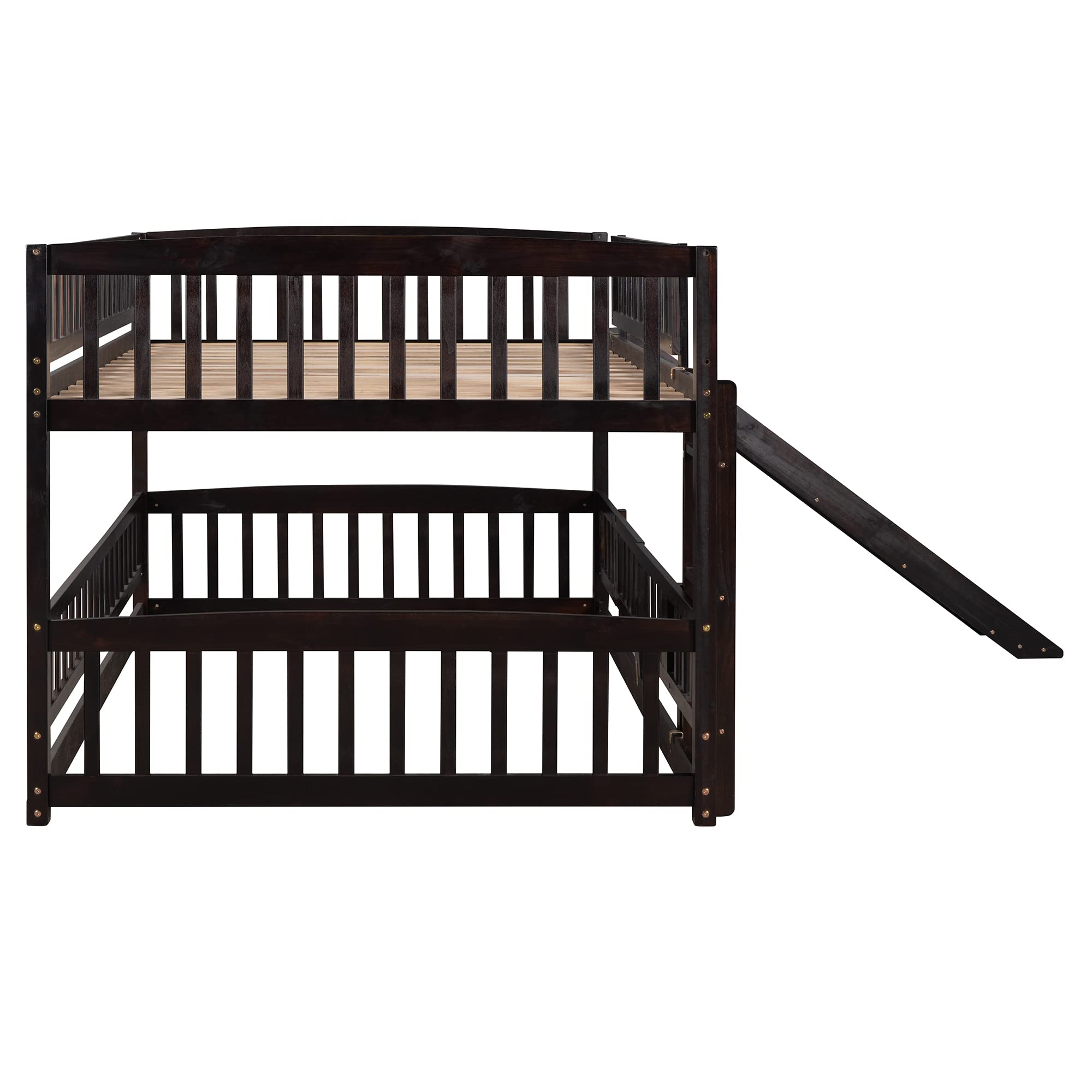 Harper & Bright Designs Full Over Full Bunk Bed with Slide, Safety Fence & Ladder - Espresso Wood Low Bunk Bed for Kids, Toddlers, Boys & Girls - Perfect for Small Bedrooms, Shared Kids Rooms & Sleepovers