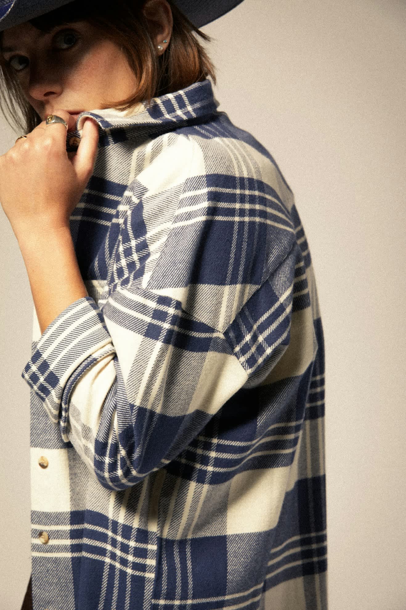 Bowery Women's Classic Long Sleeve Flannel Shirt - Azure Blue & Whitecap Plaid - Cozy Casual Wear for Fall & Winter Outfits