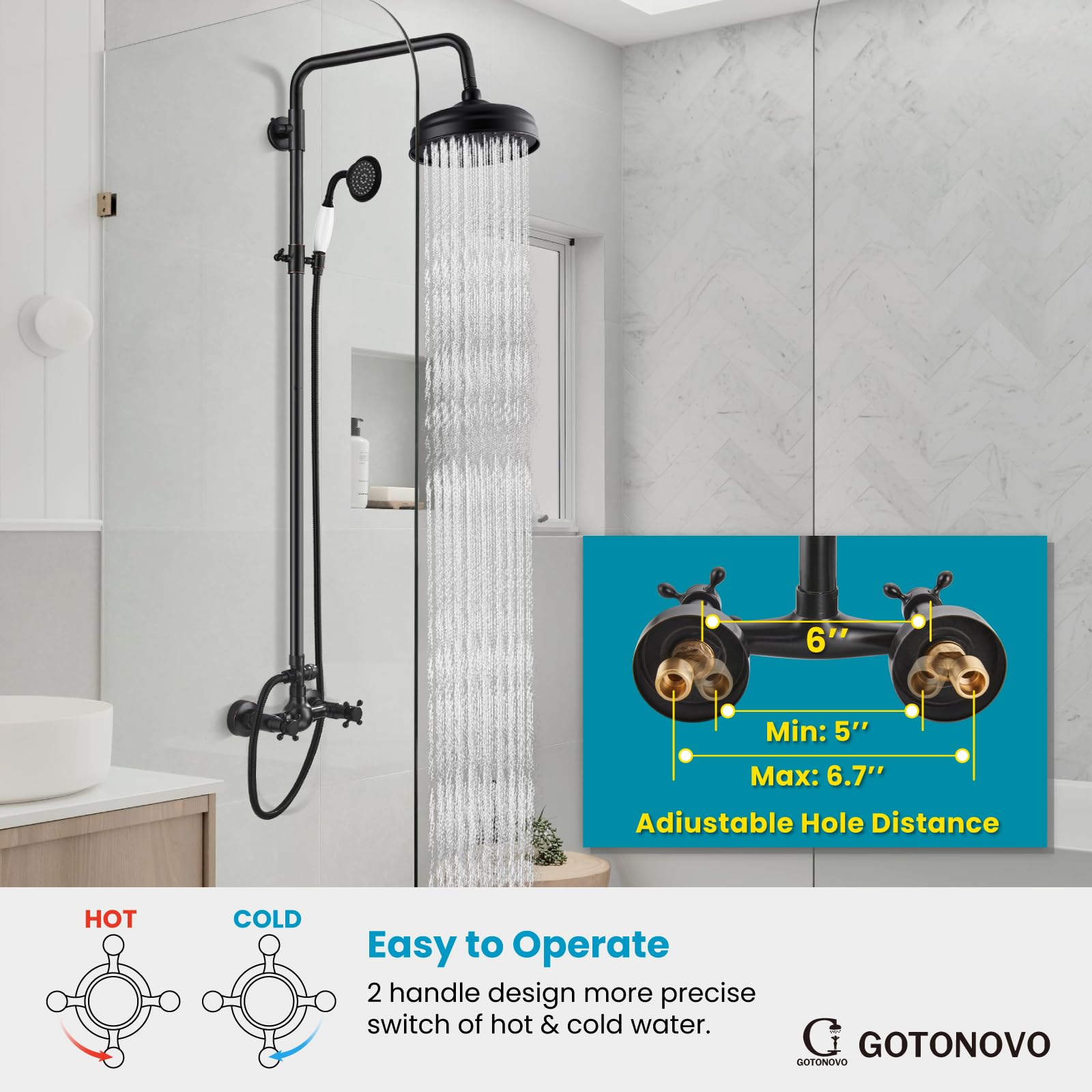 Luxury Exposed Shower Faucet Set - 8 Inch Wall Mount Rainfall Shower Head with Handheld Spray & Cross Double Handle - Oil Rubbed Bronze Finish - Adjustable Straight Rod - Perfect for Modern Bathroom Renovation & Spa-Like Shower Experience