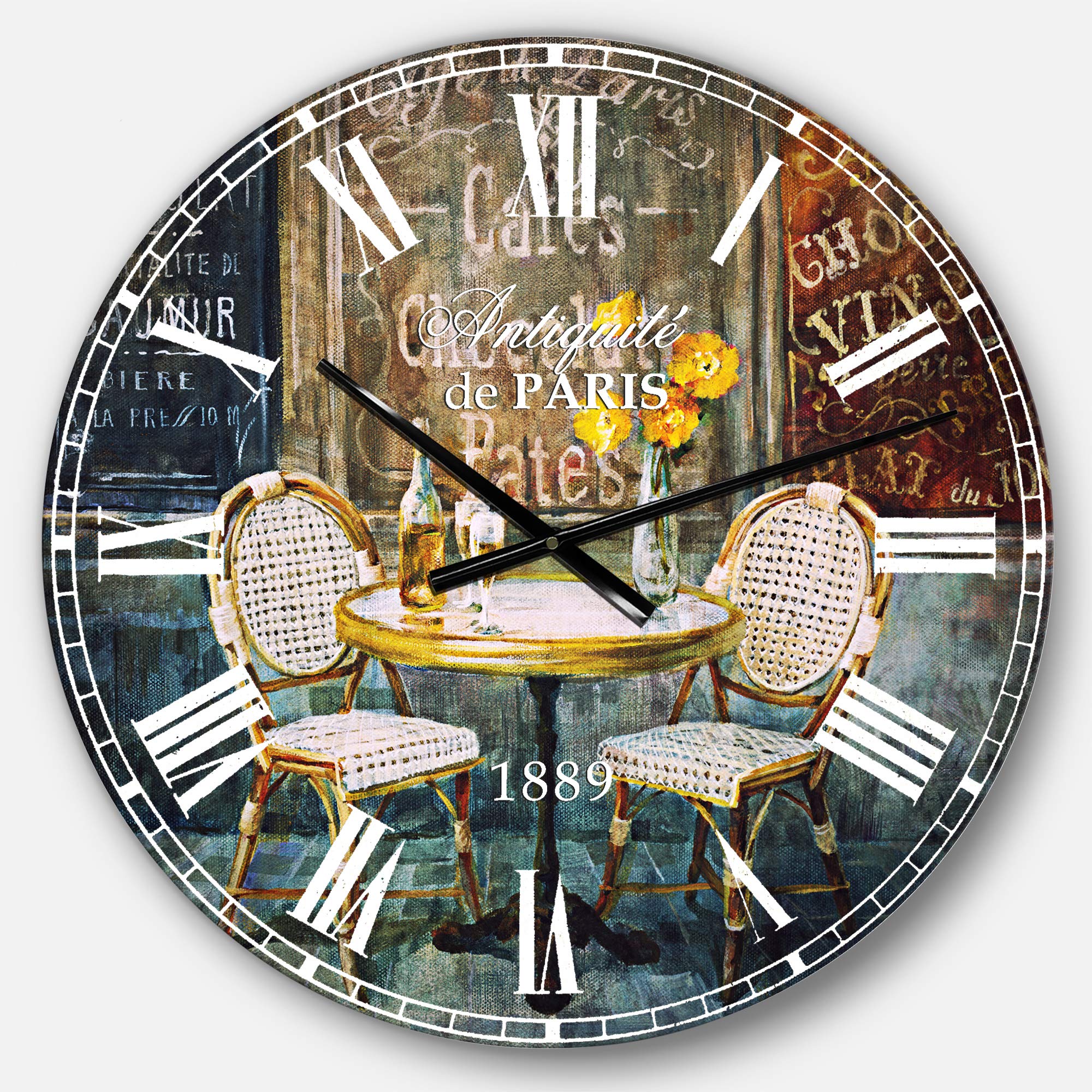 Designart French Cafe Wall Art - Traditional Round Metal Wall Clock for Home Decor | Perfect for Living Room, Bedroom & Office Decoration | Vintage Kitchen & Coffee Shop Wall Décor
