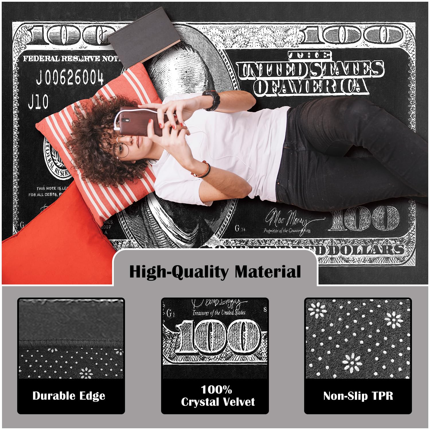 4x6 Non-Slip Dollar Bill Area Rug - Black & White Money Design Washable Carpet for Living Room, Bedroom, Office & Dining Room | Modern Decor for Men's Space (47x71 Inches) | Perfect for Home Decor, Gifts & Themed Parties